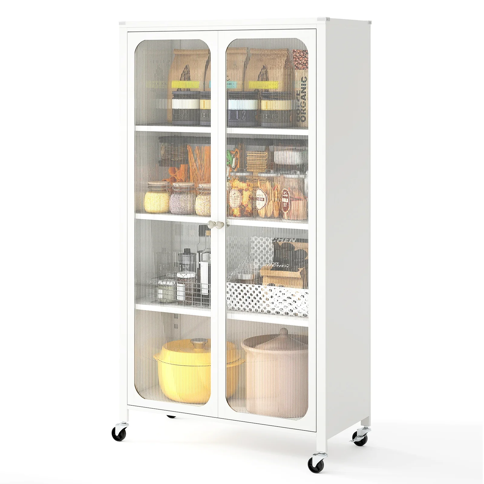 58 Inches Bookcase, Adjustable Shelves, Lockable Wheels, White - Image 4