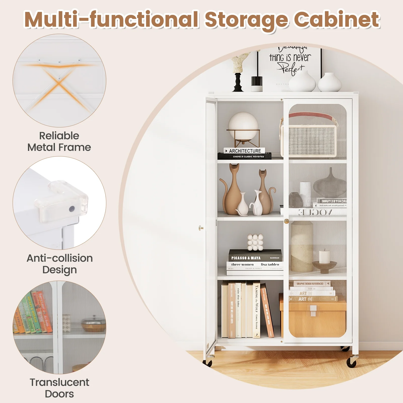 58 Inches Bookcase, Adjustable Shelves, Lockable Wheels, White - Image 6