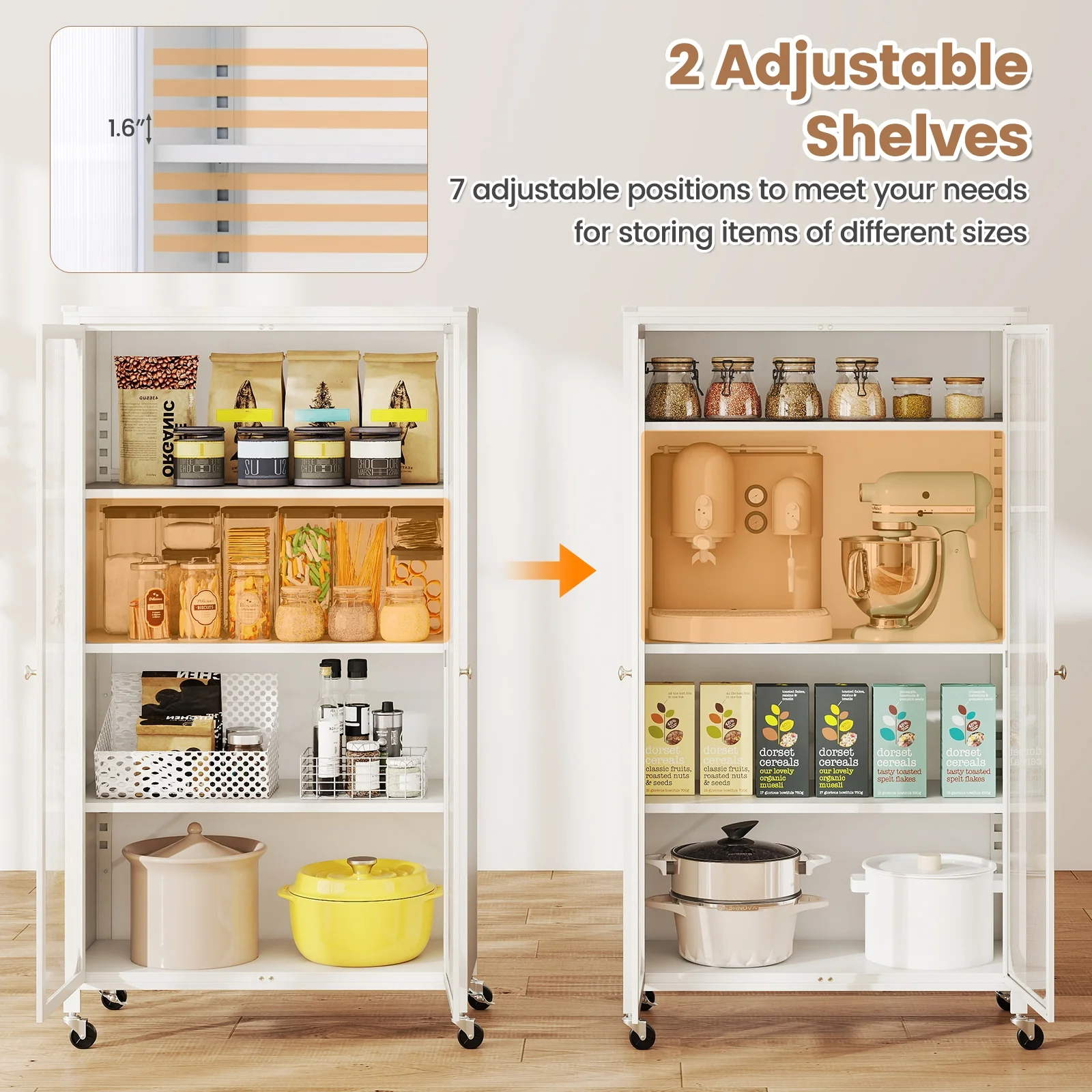58 Inches Bookcase, Adjustable Shelves, Lockable Wheels, White - Image 9
