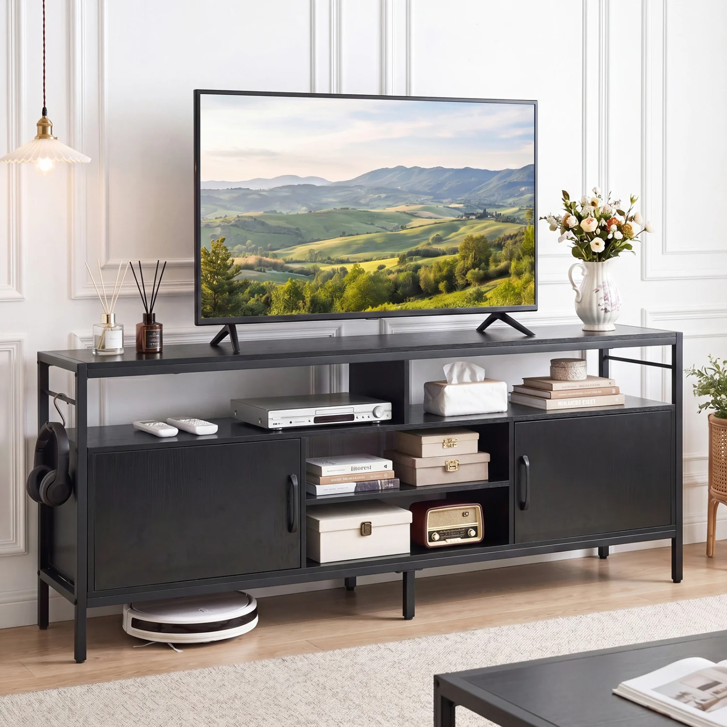 58" Industrial TV Stand With Cabinets, Adjustable Shelf, Black - Image 2