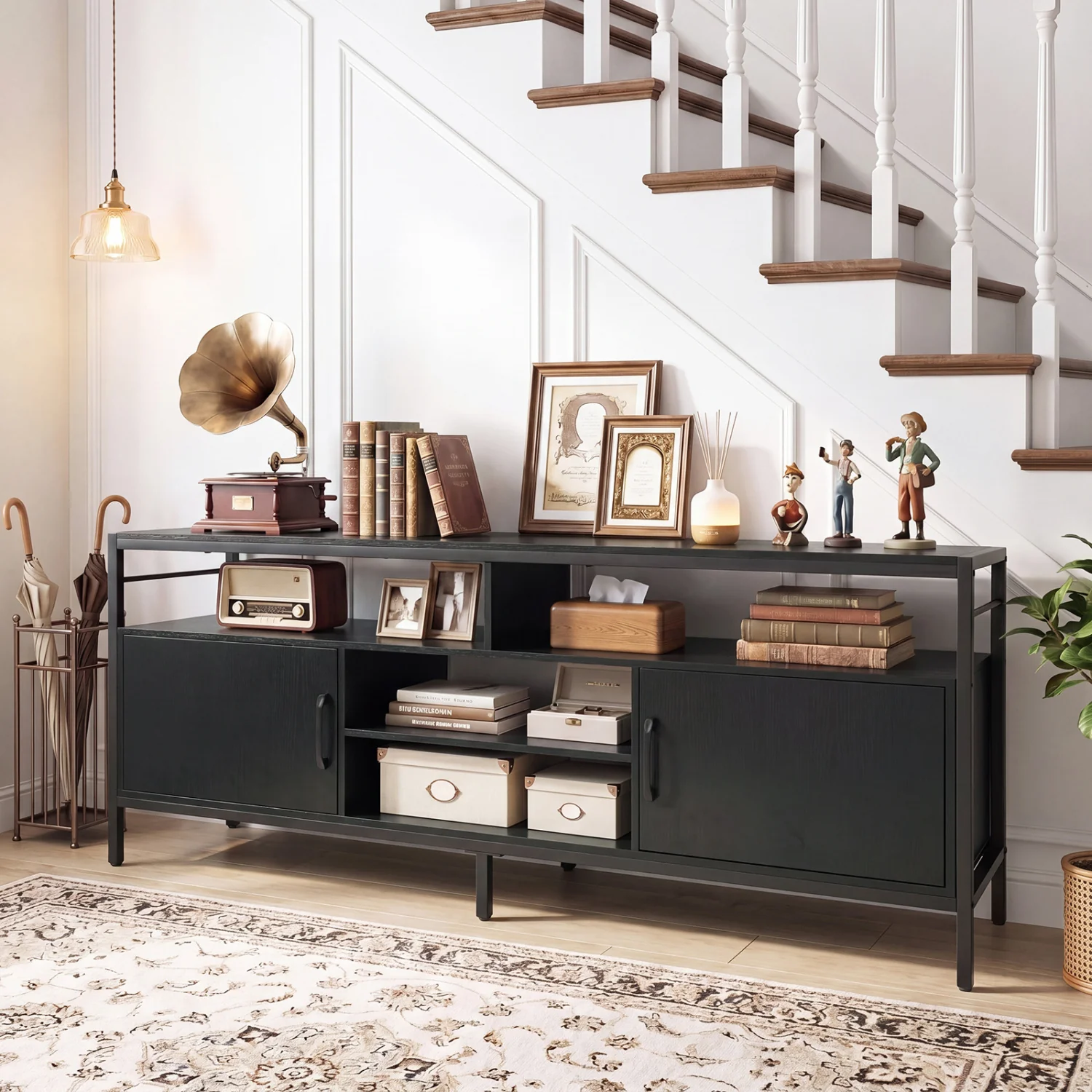 58" Industrial TV Stand With Cabinets, Adjustable Shelf, Black - Image 3