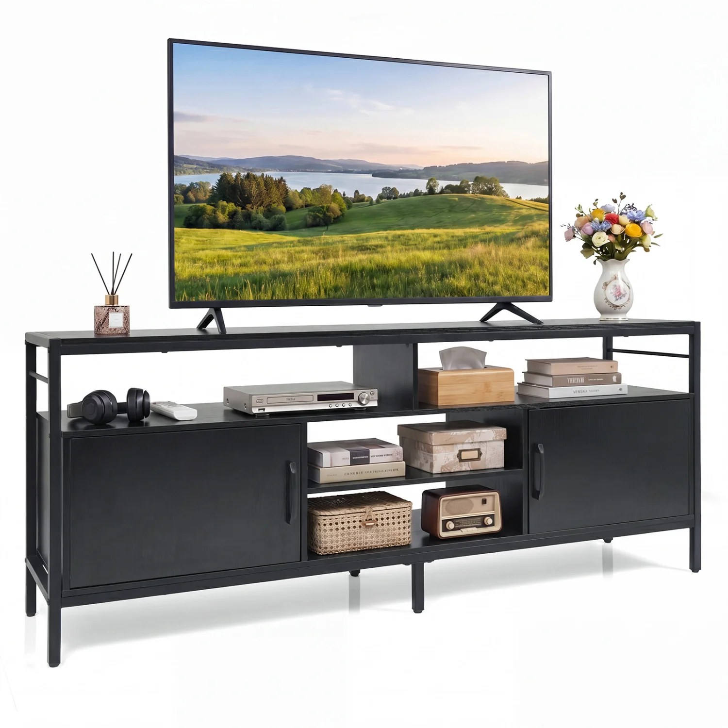 58" Industrial TV Stand With Cabinets, Adjustable Shelf, Black - Image 4
