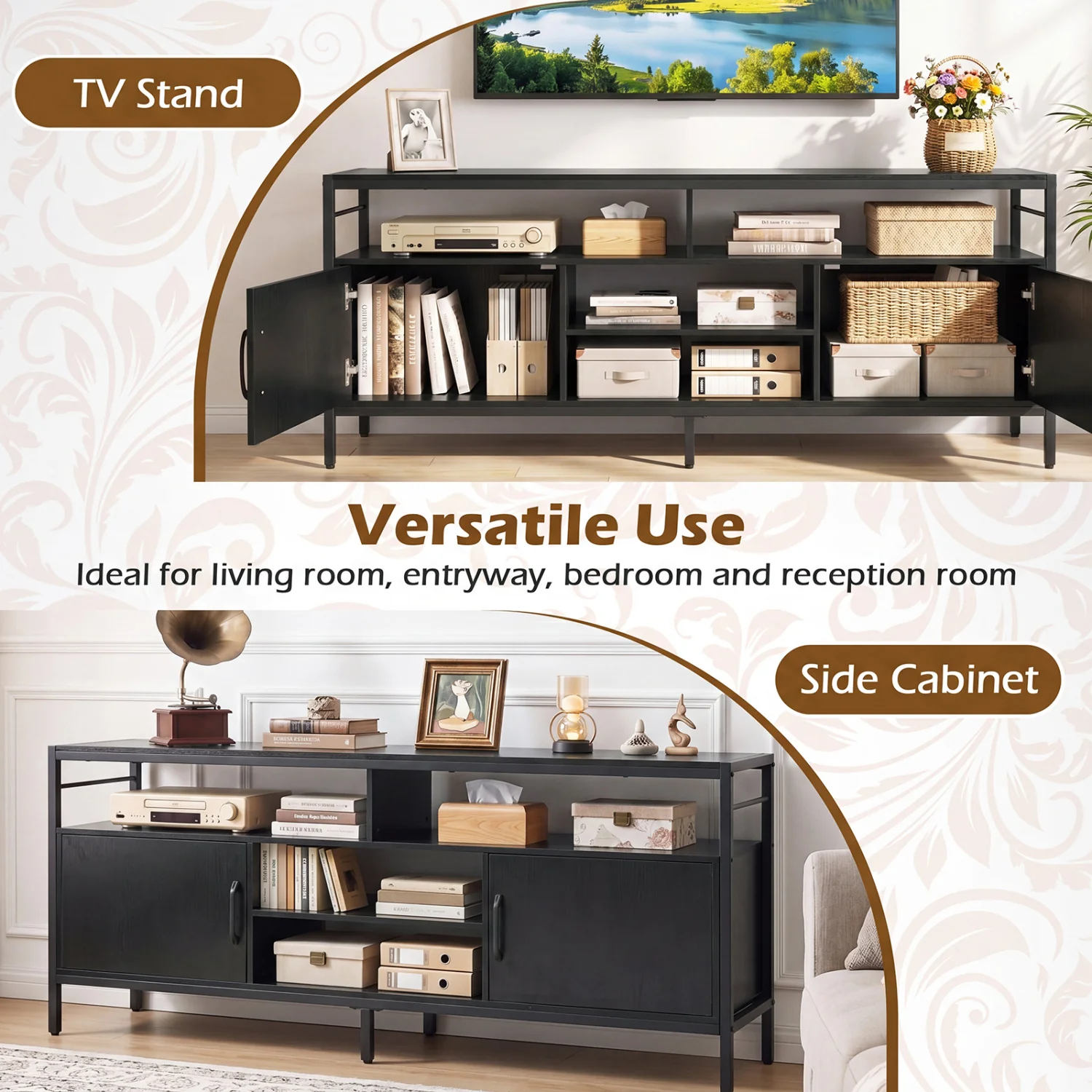58" Industrial TV Stand With Cabinets, Adjustable Shelf, Black - Image 8