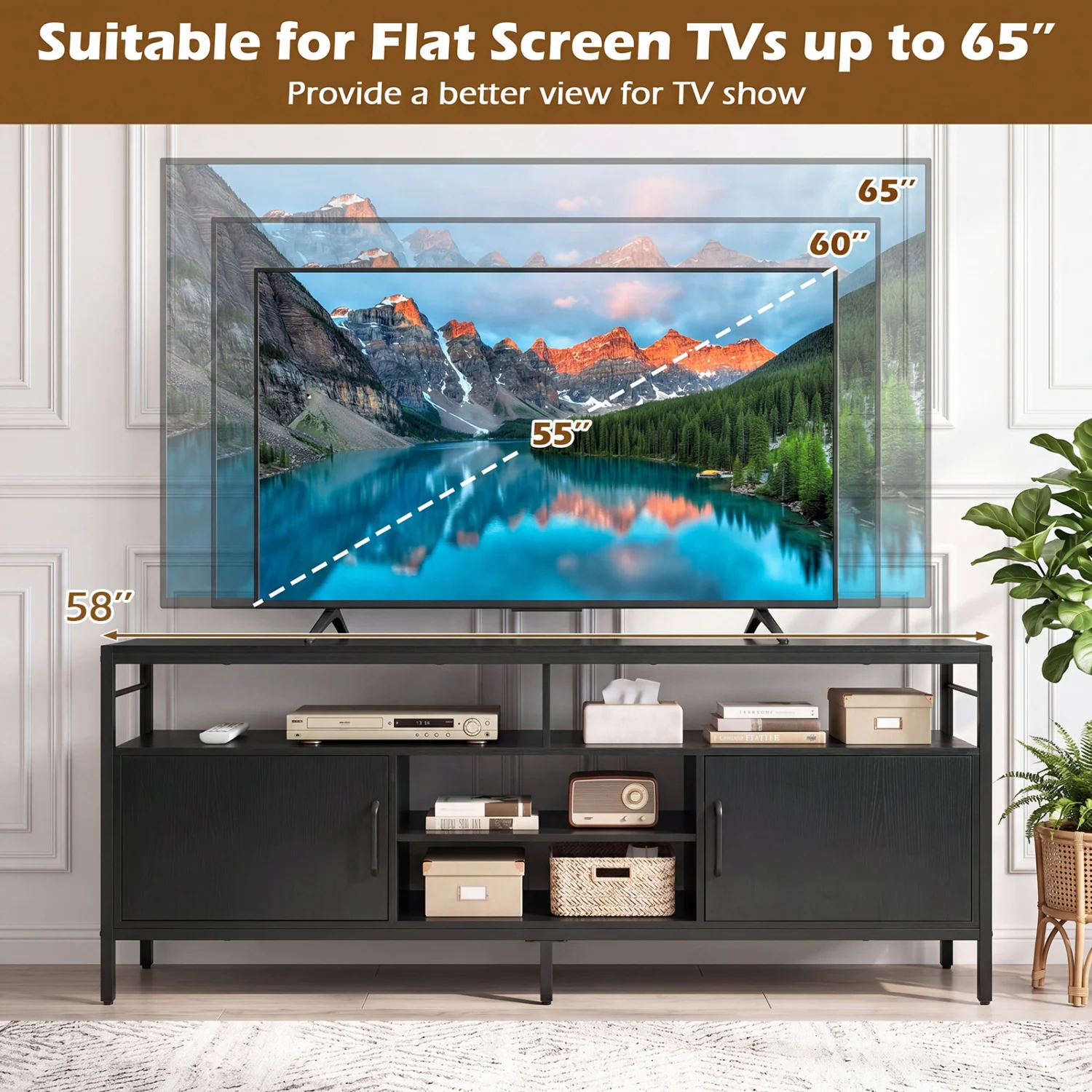 58" Industrial TV Stand With Cabinets, Adjustable Shelf, Black - Image 9