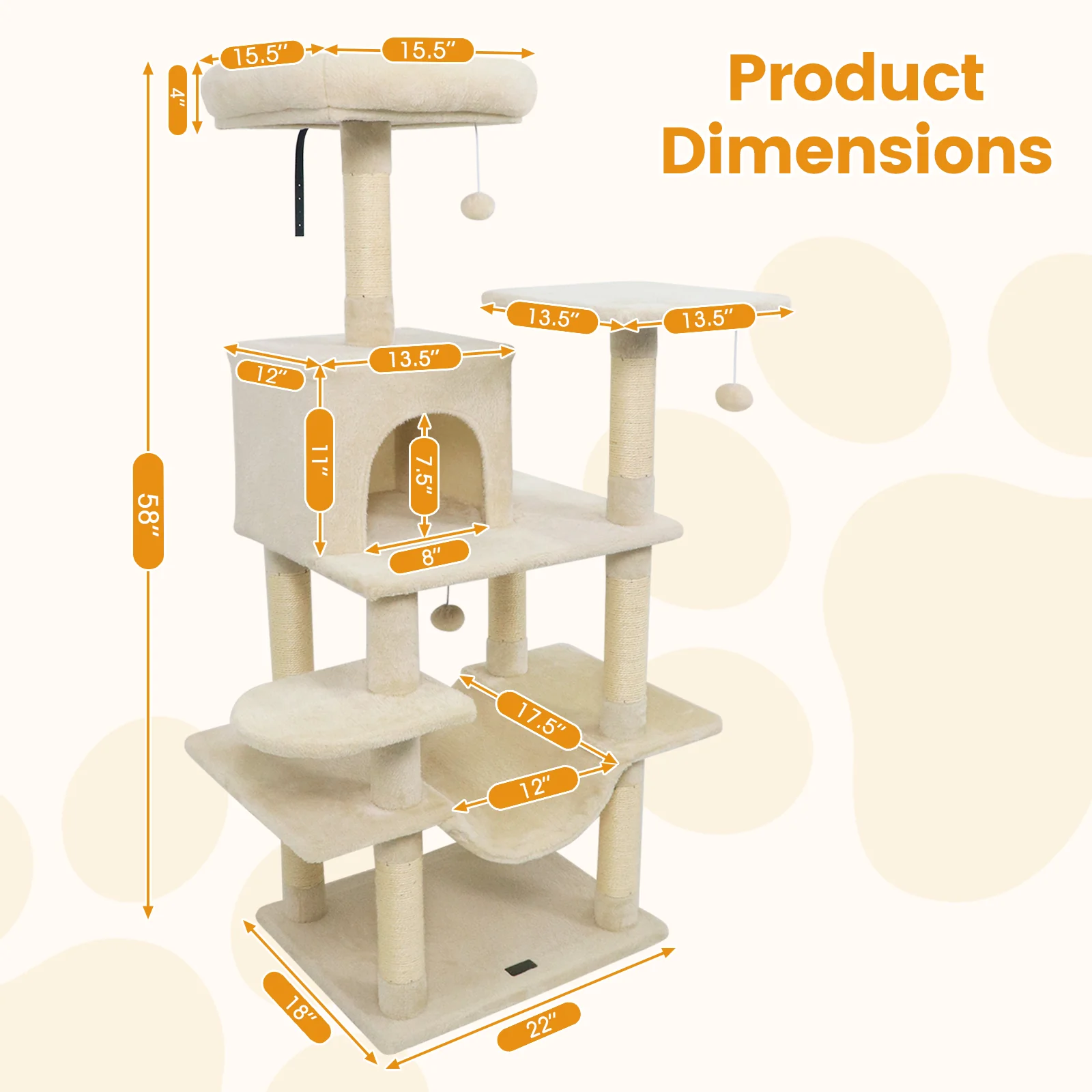 58" Multi-Level Cat Tree Soft Plush Cat Tower with Padded Top Perch, Beige - Image 5
