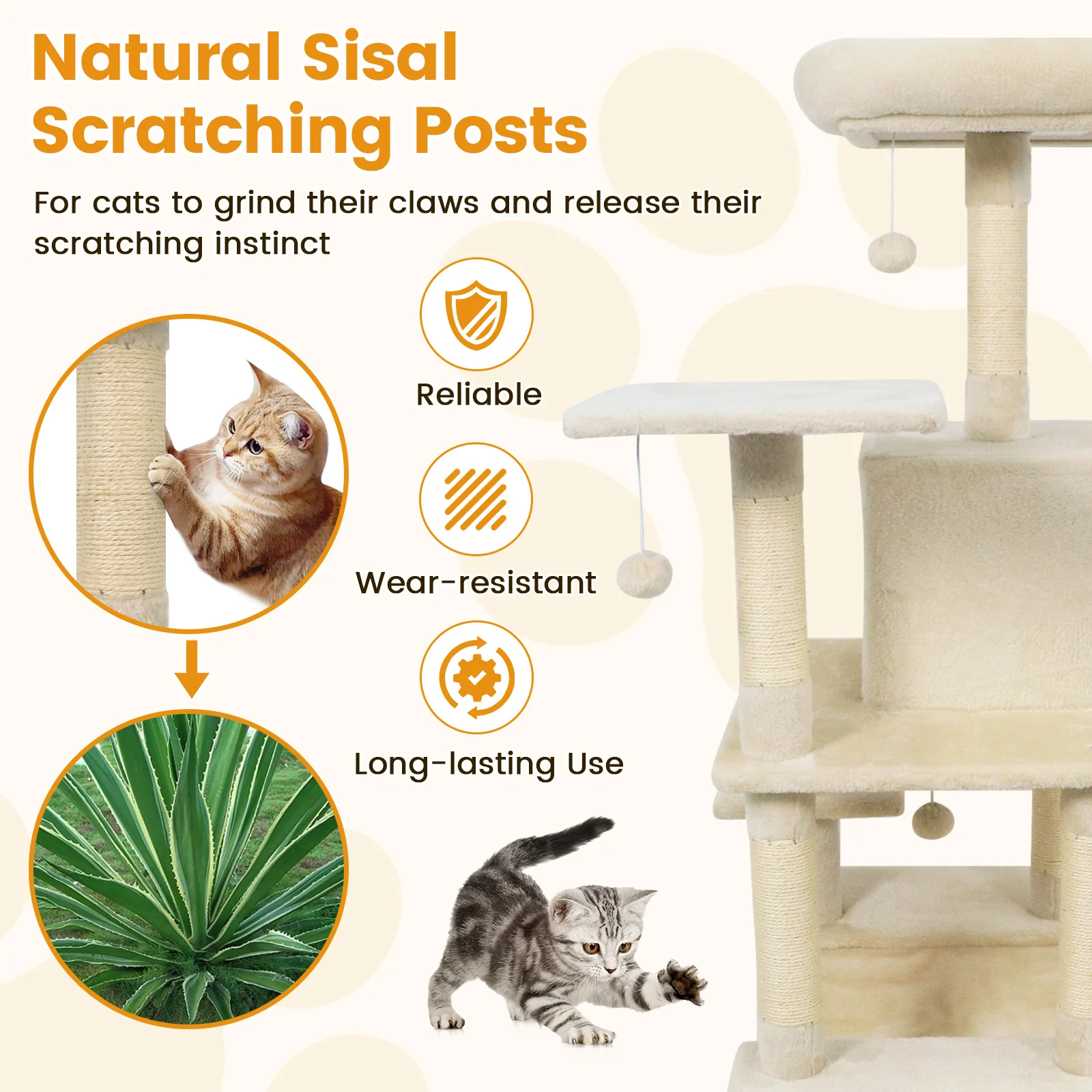 58" Multi-Level Cat Tree Soft Plush Cat Tower with Padded Top Perch, Beige - Image 6