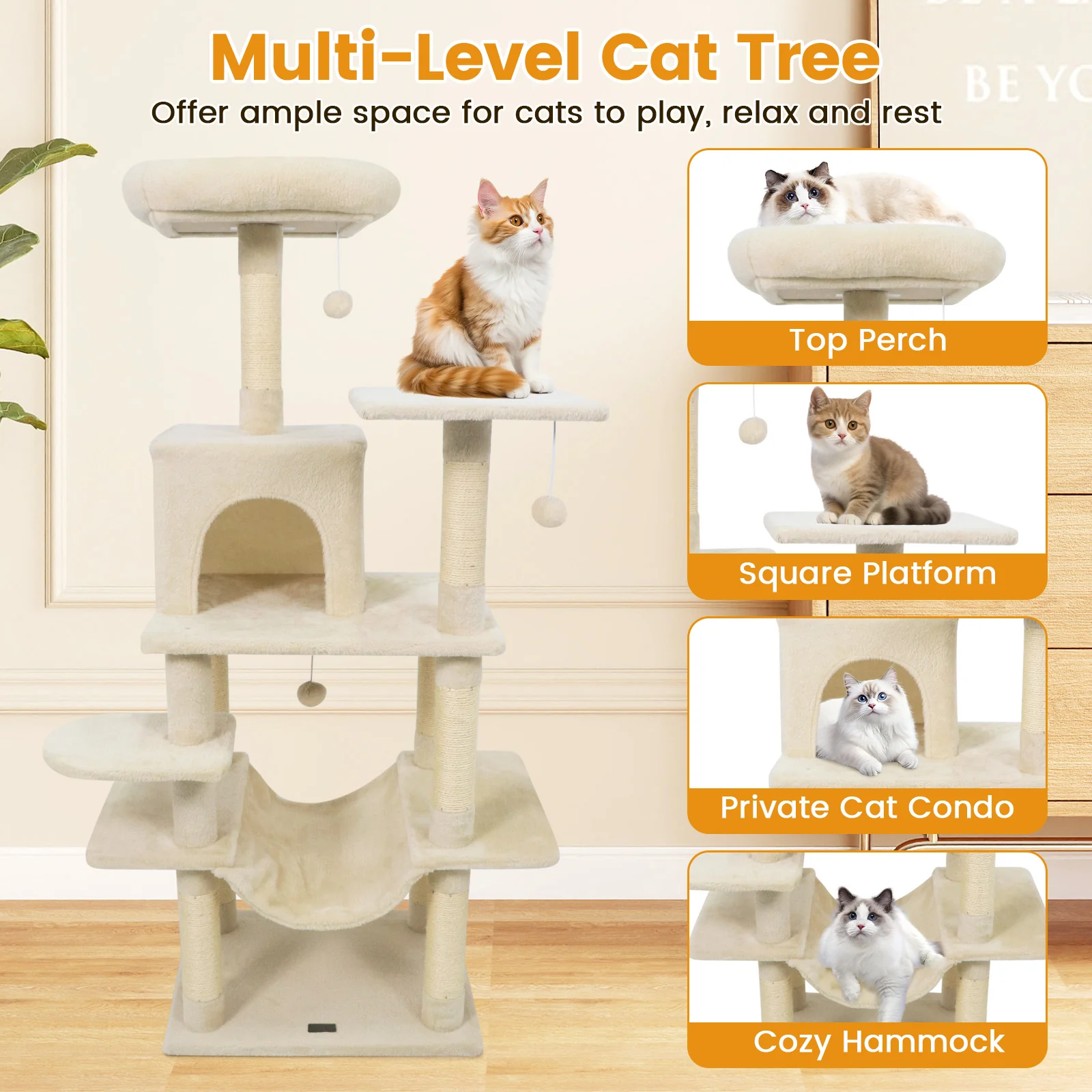 58" Multi-Level Cat Tree Soft Plush Cat Tower with Padded Top Perch, Beige - Image 7