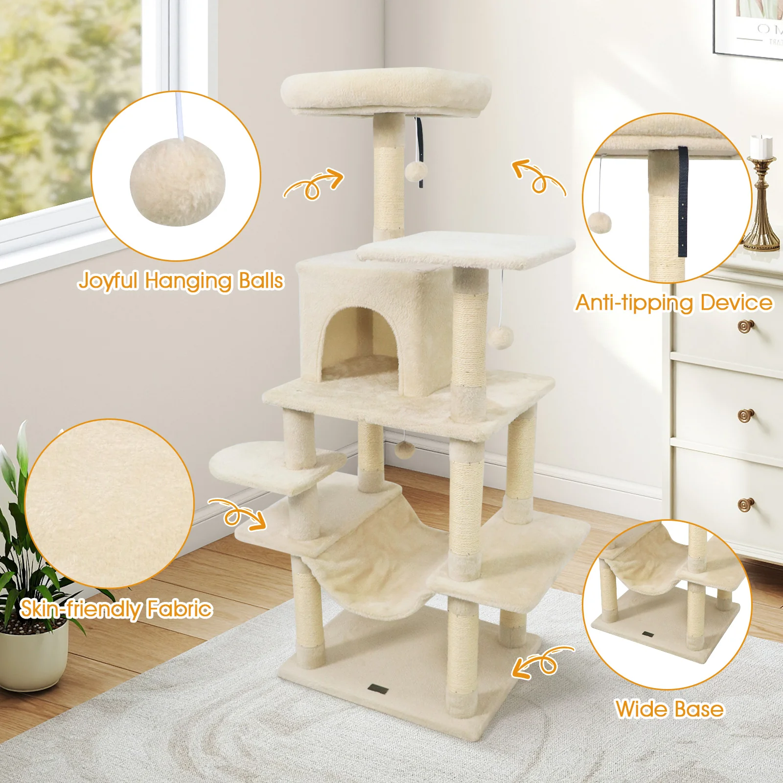 58" Multi-Level Cat Tree Soft Plush Cat Tower with Padded Top Perch, Beige - Image 9
