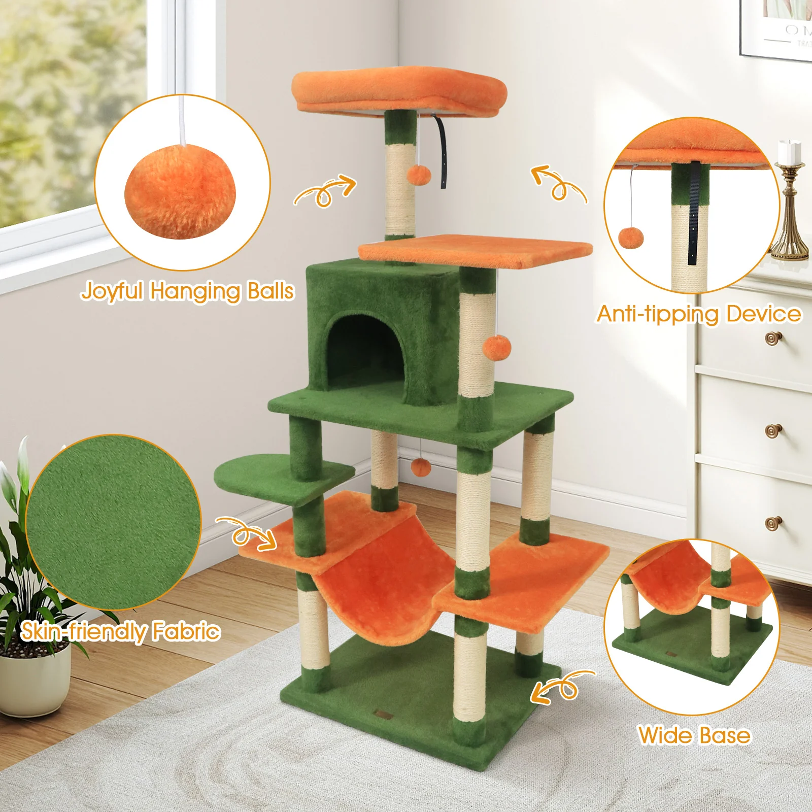 58" Multi-Level Cat Tree Soft Plush Cat Tower with Padded Top Perch, Green - Image 10