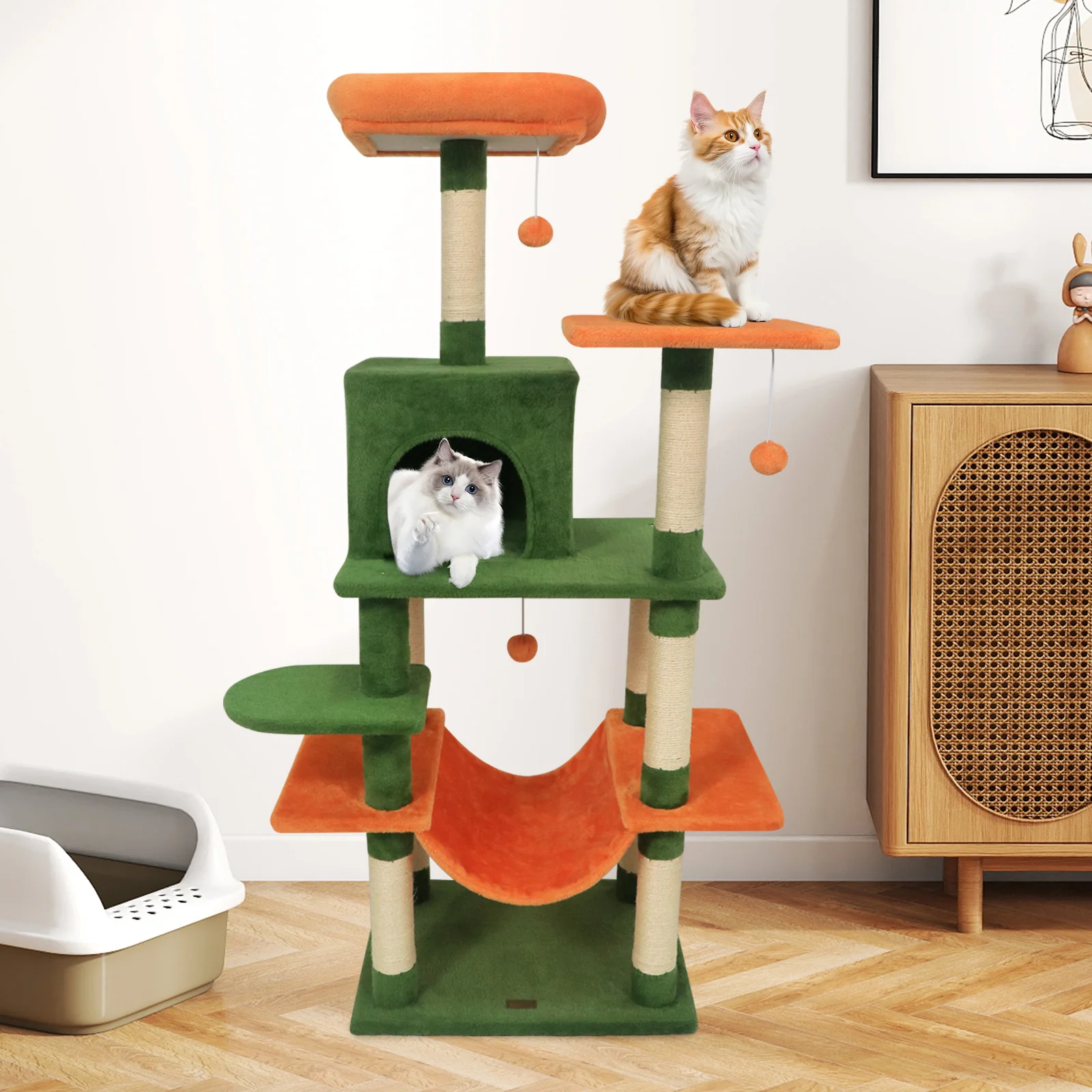 58" Multi-Level Cat Tree Soft Plush Cat Tower with Padded Top Perch, Green - Image 2
