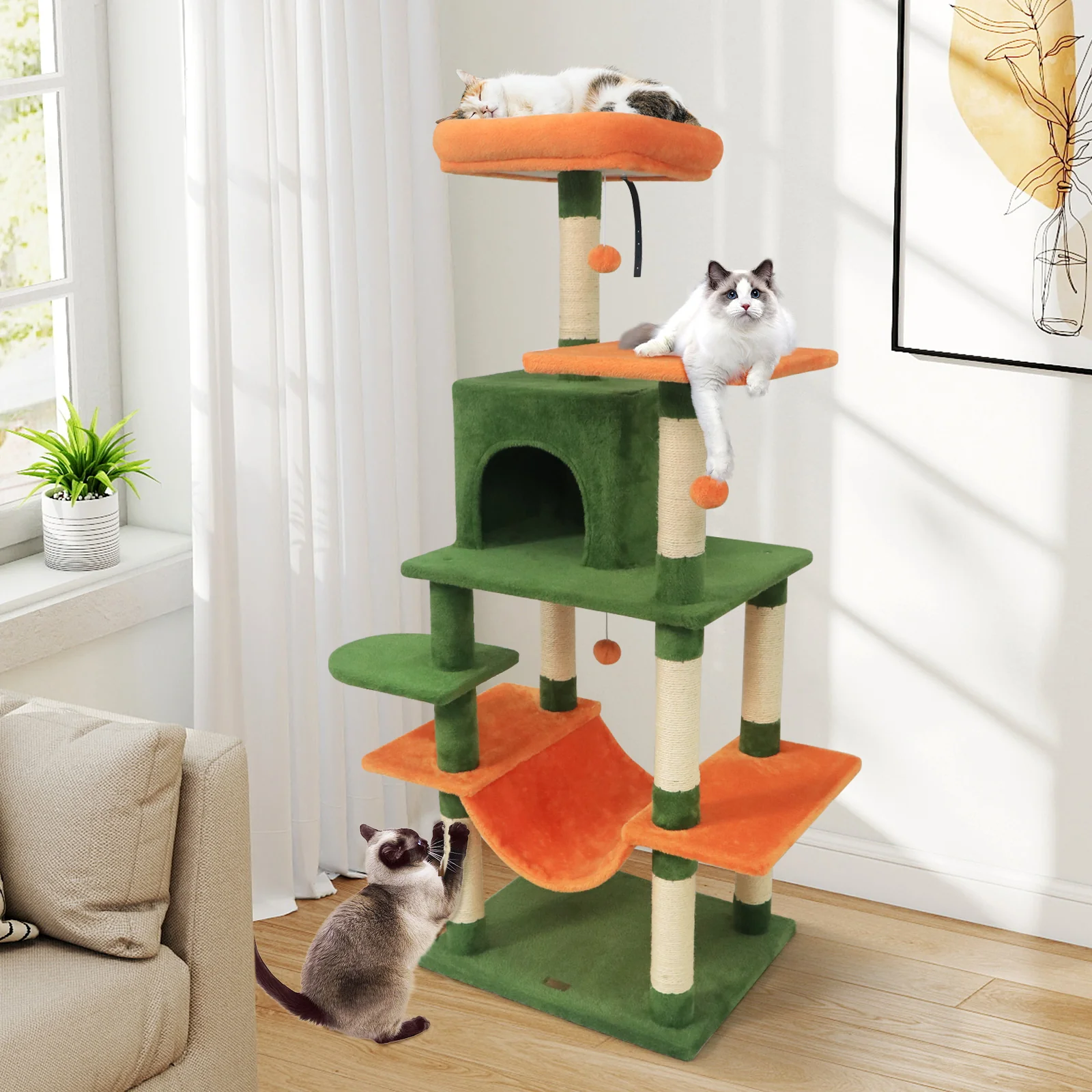 58" Multi-Level Cat Tree Soft Plush Cat Tower with Padded Top Perch, Green - Image 3