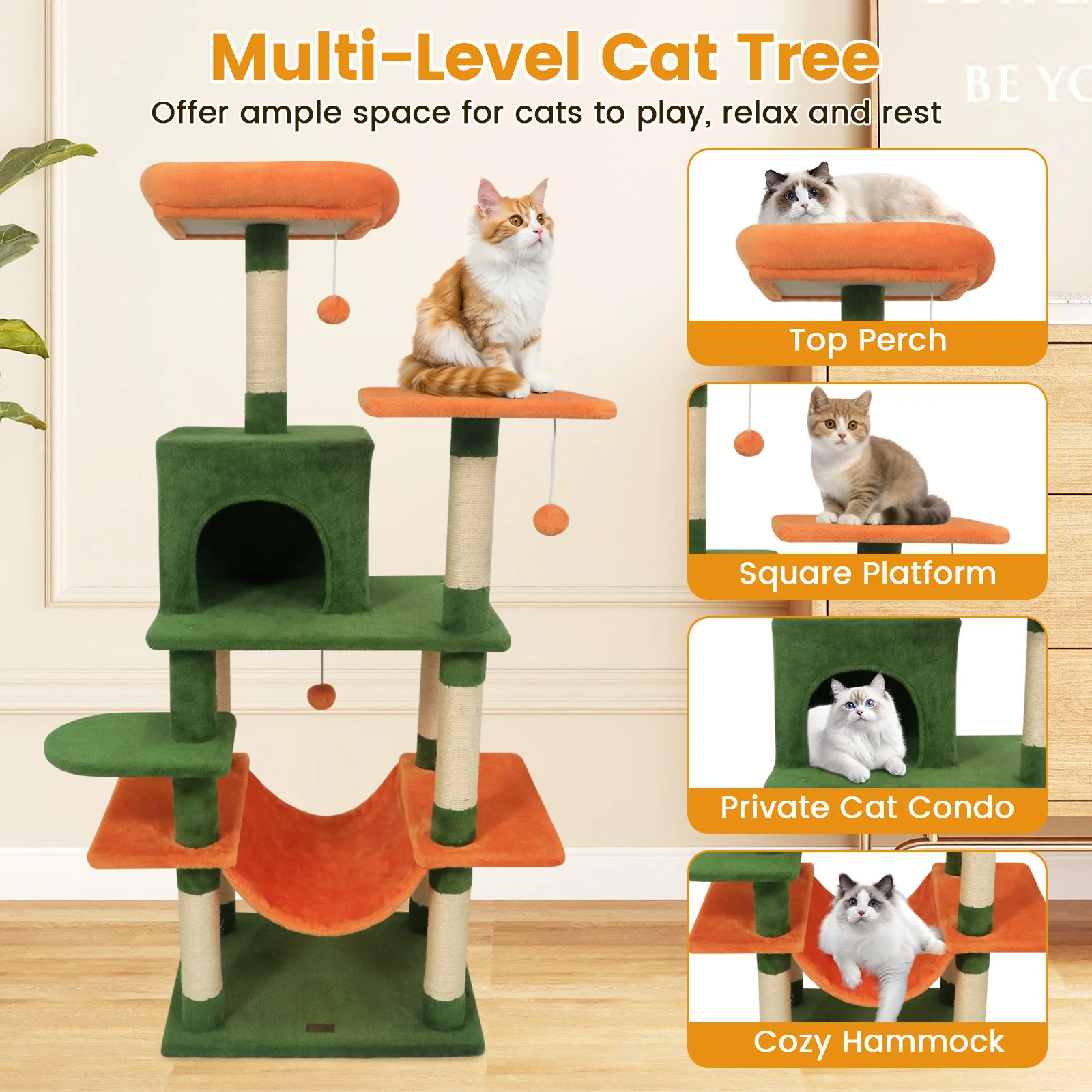 58" Multi-Level Cat Tree Soft Plush Cat Tower with Padded Top Perch, Green - Image 8