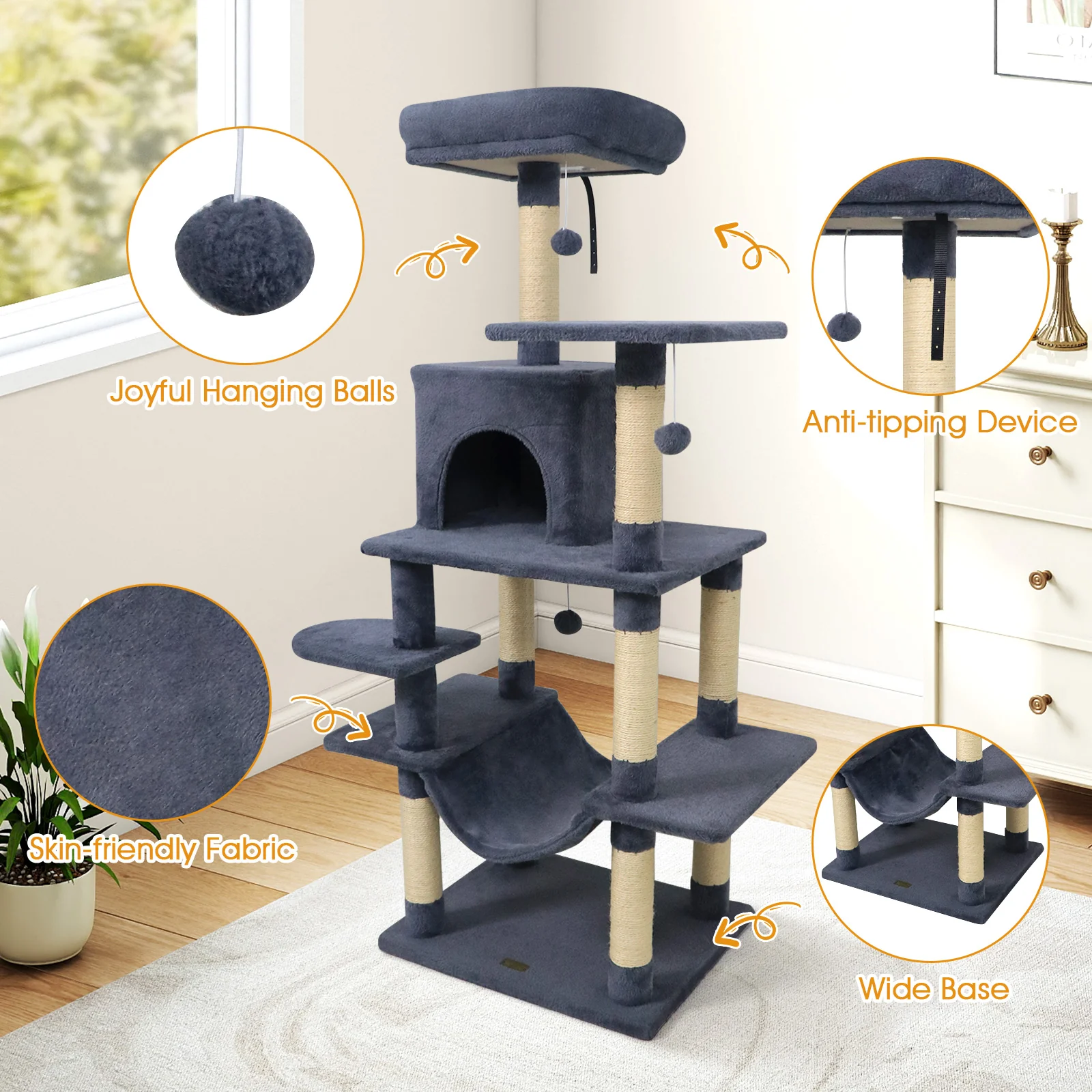 58" Multi-Level Cat Tree Soft Plush Cat Tower with Padded Top Perch-Grey, Gray - Image 10
