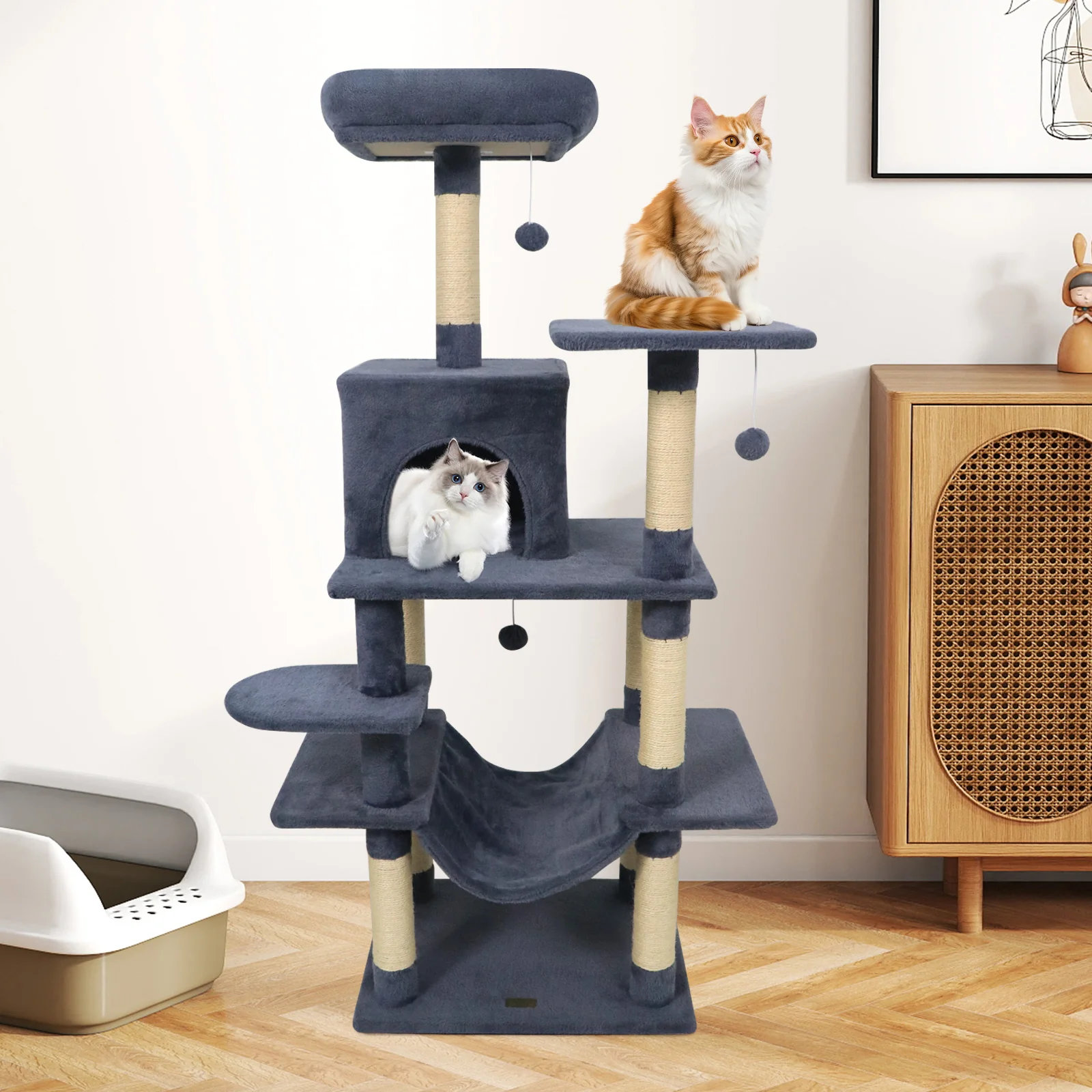 58" Multi-Level Cat Tree Soft Plush Cat Tower with Padded Top Perch-Grey, Gray - Image 2