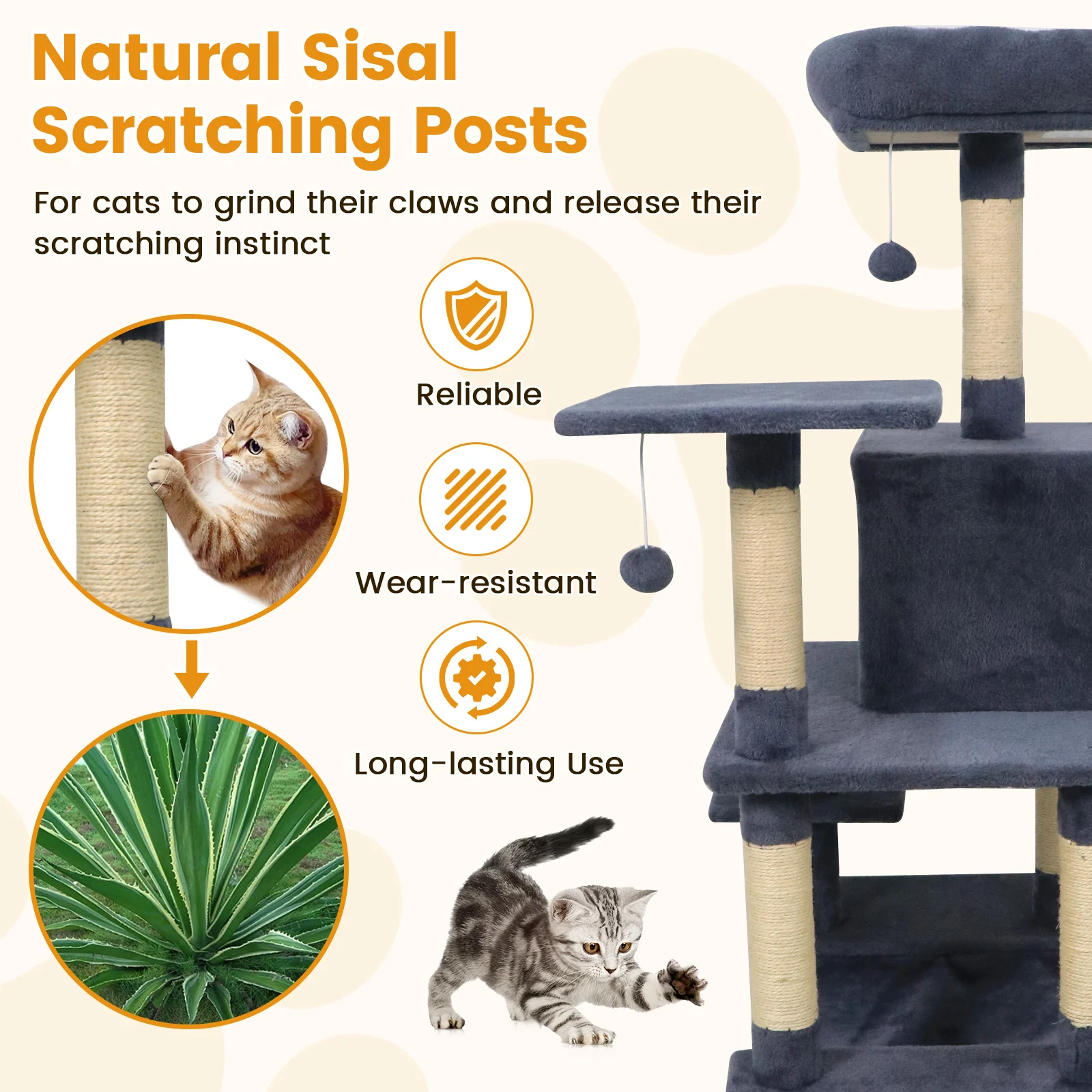 58" Multi-Level Cat Tree Soft Plush Cat Tower with Padded Top Perch-Grey, Gray - Image 7