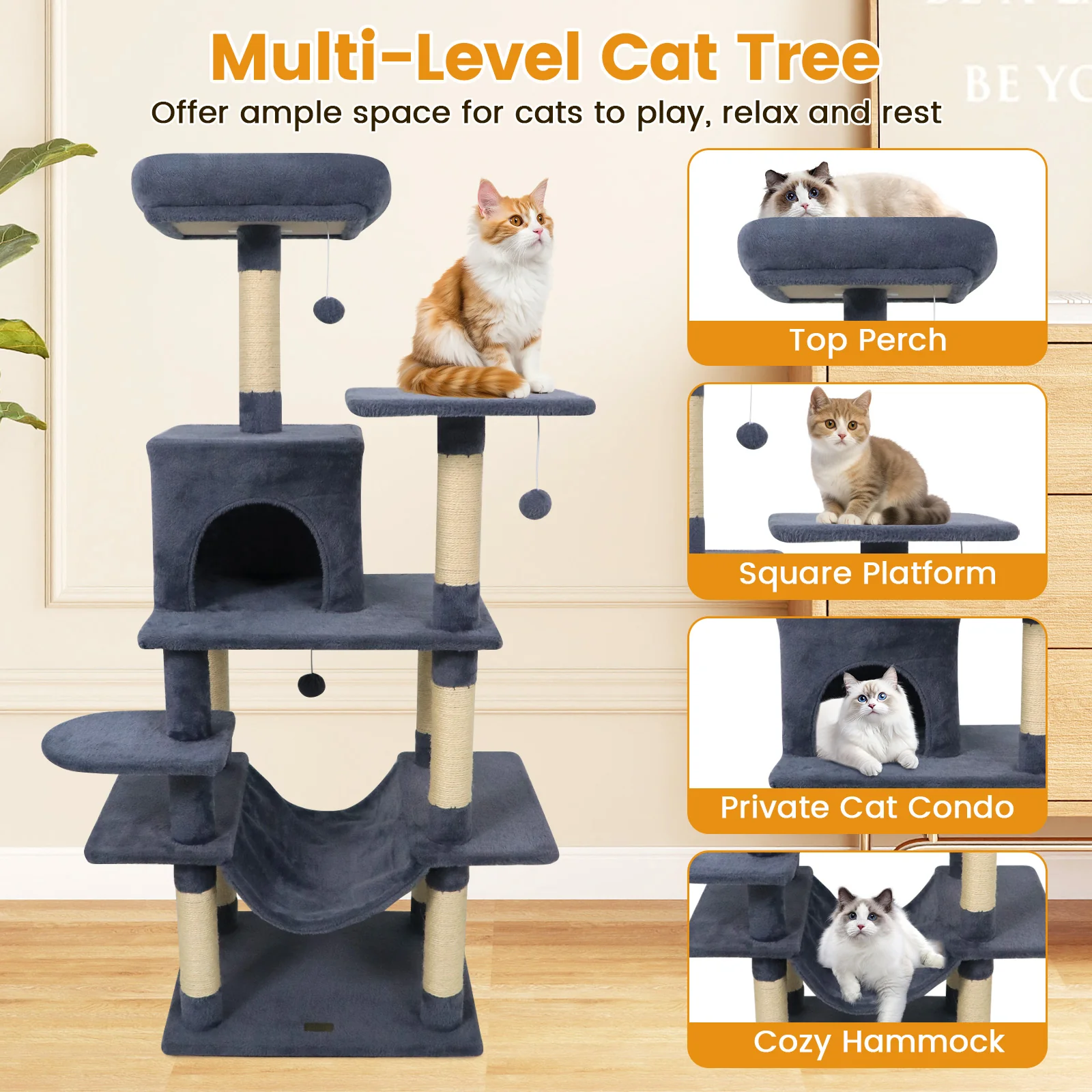 58" Multi-Level Cat Tree Soft Plush Cat Tower with Padded Top Perch-Grey, Gray - Image 8