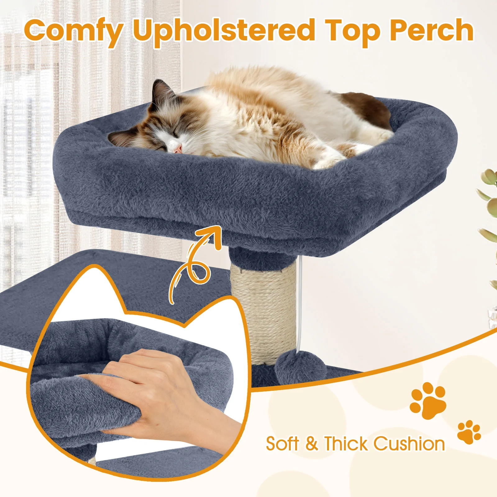 58" Multi-Level Cat Tree Soft Plush Cat Tower with Padded Top Perch-Grey, Gray - Image 9