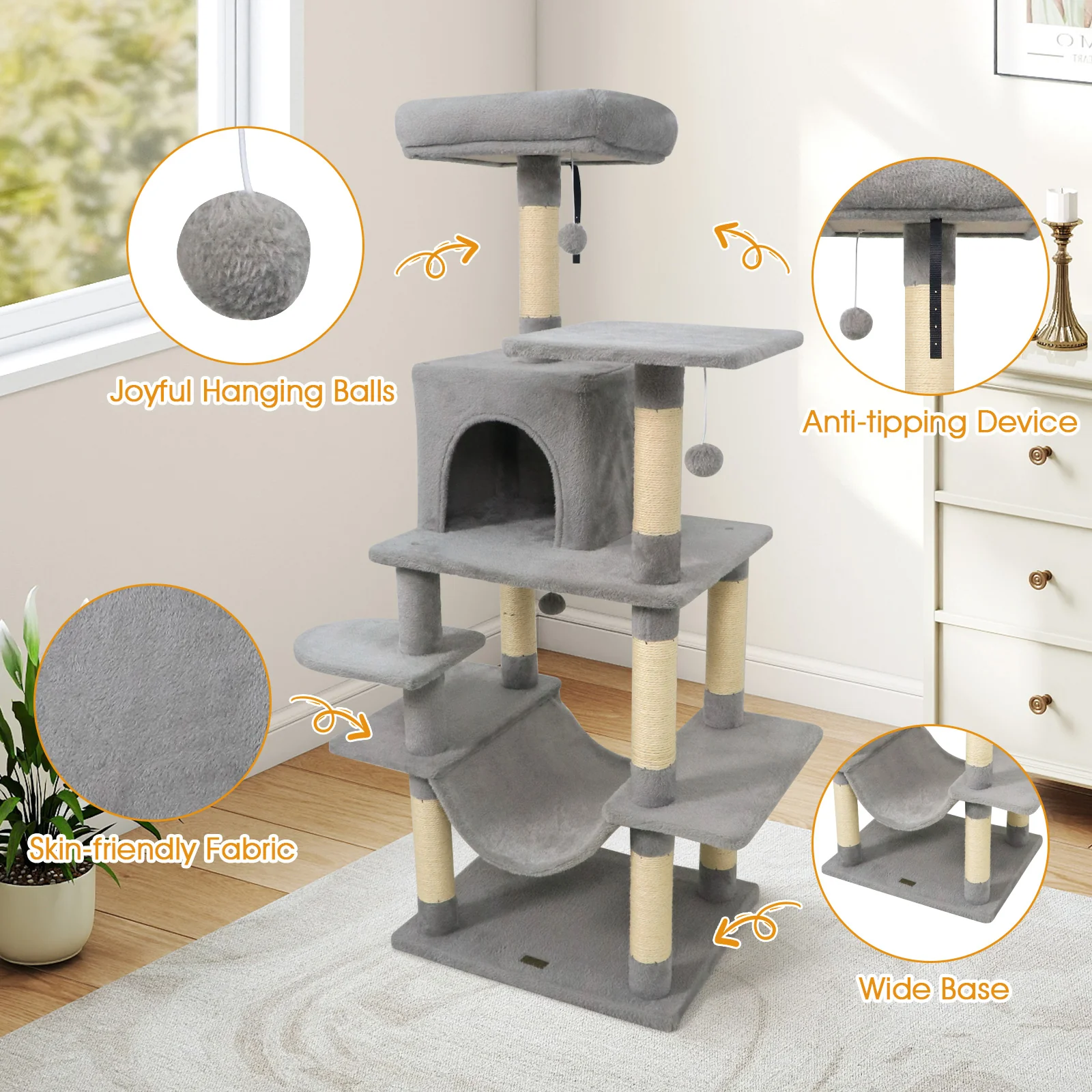 58" Multi-Level Cat Tree Soft Plush Cat Tower with Padded Top Perch, Light Gray - Image 10