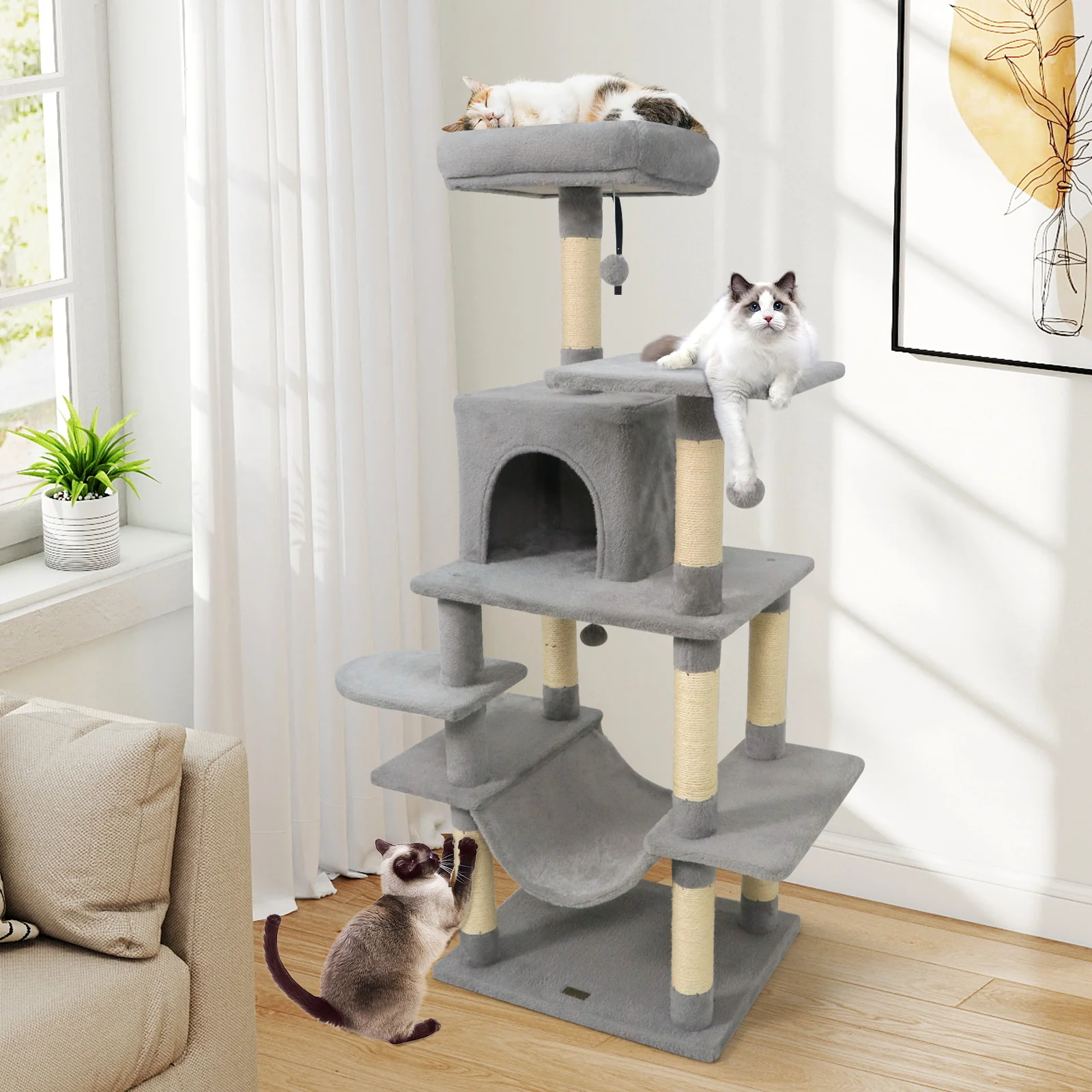 58" Multi-Level Cat Tree Soft Plush Cat Tower with Padded Top Perch, Light Gray - Image 3