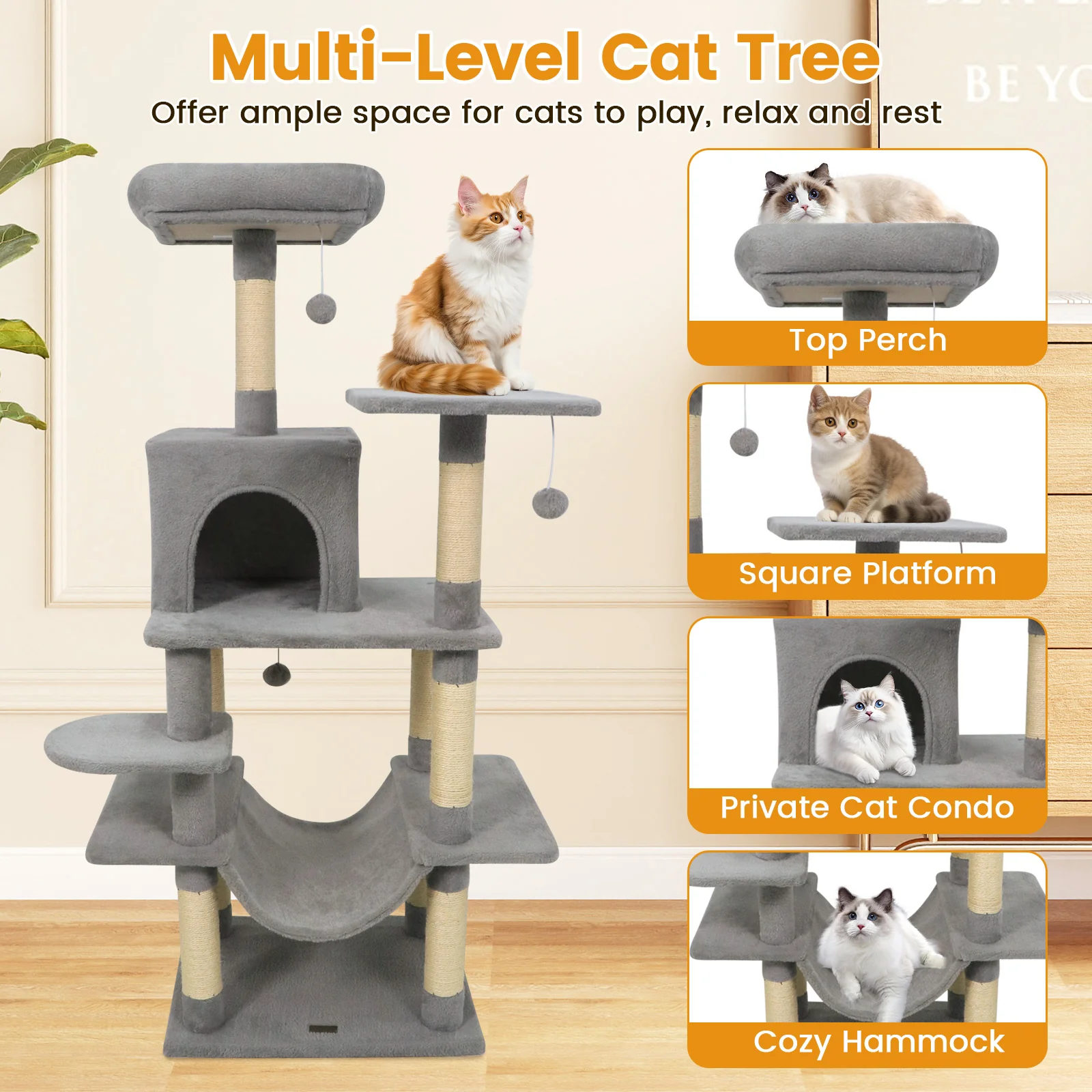 58" Multi-Level Cat Tree Soft Plush Cat Tower with Padded Top Perch, Light Gray - Image 8