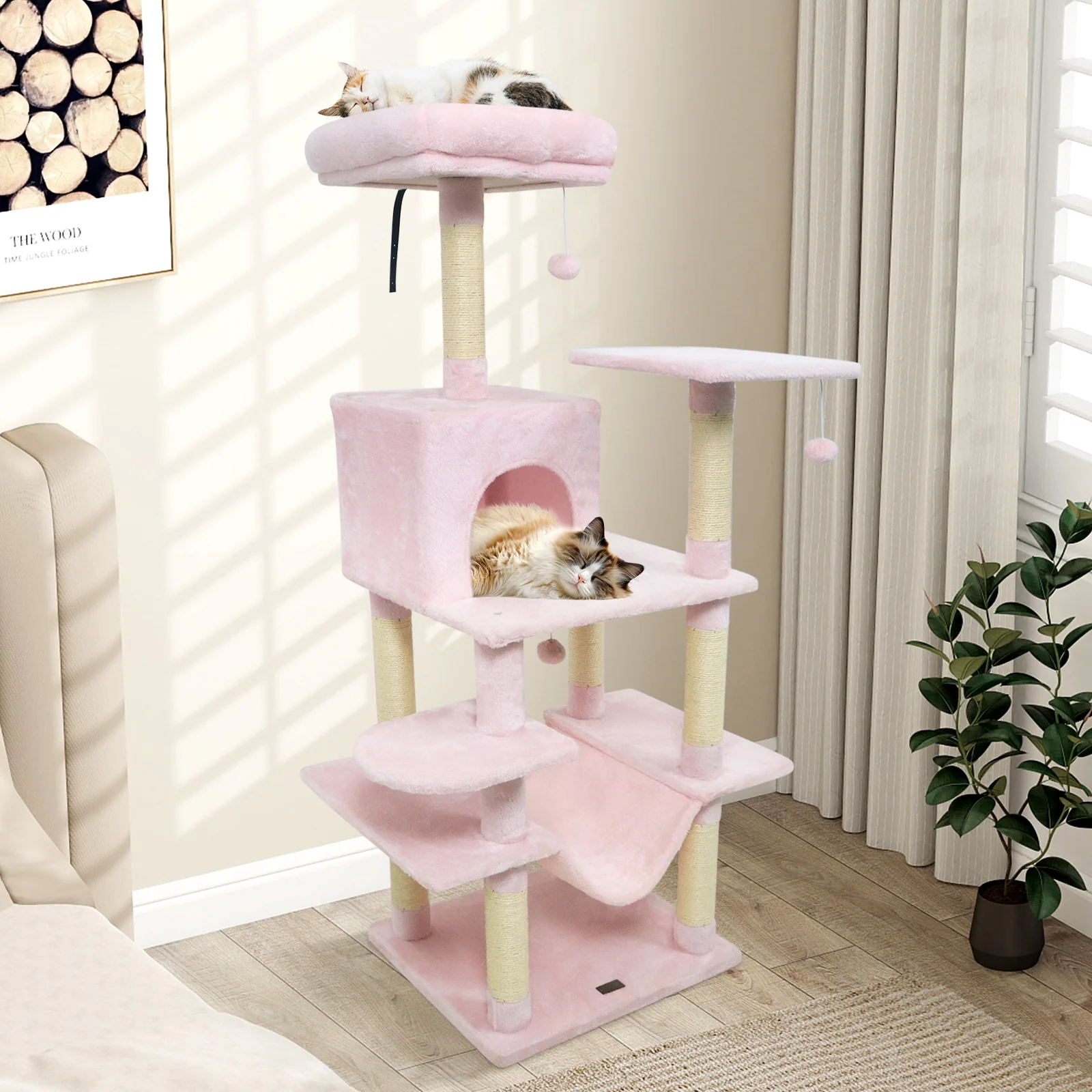 58" Multi-Level Cat Tree Soft Plush Cat Tower with Padded Top Perch, Pink - Image 3