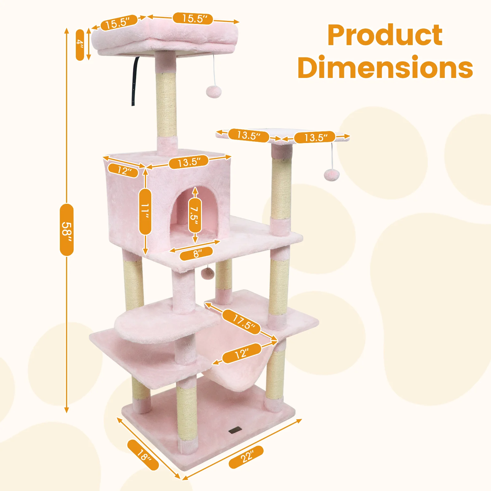 58" Multi-Level Cat Tree Soft Plush Cat Tower with Padded Top Perch, Pink - Image 6