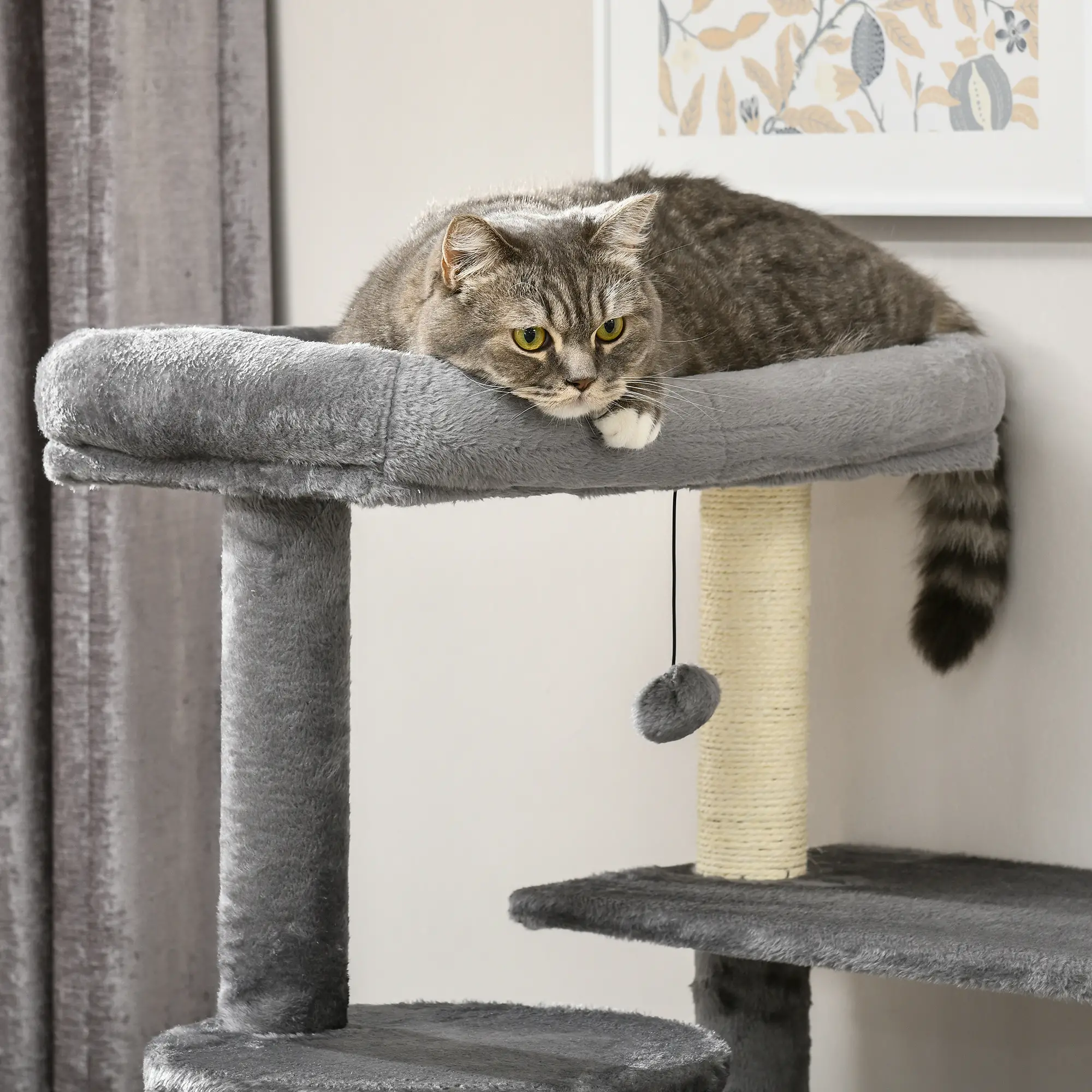 58" Tall Cat Tree for Large Cats, Scratching Posts, Bed, House, Toys, Grey - Image 10