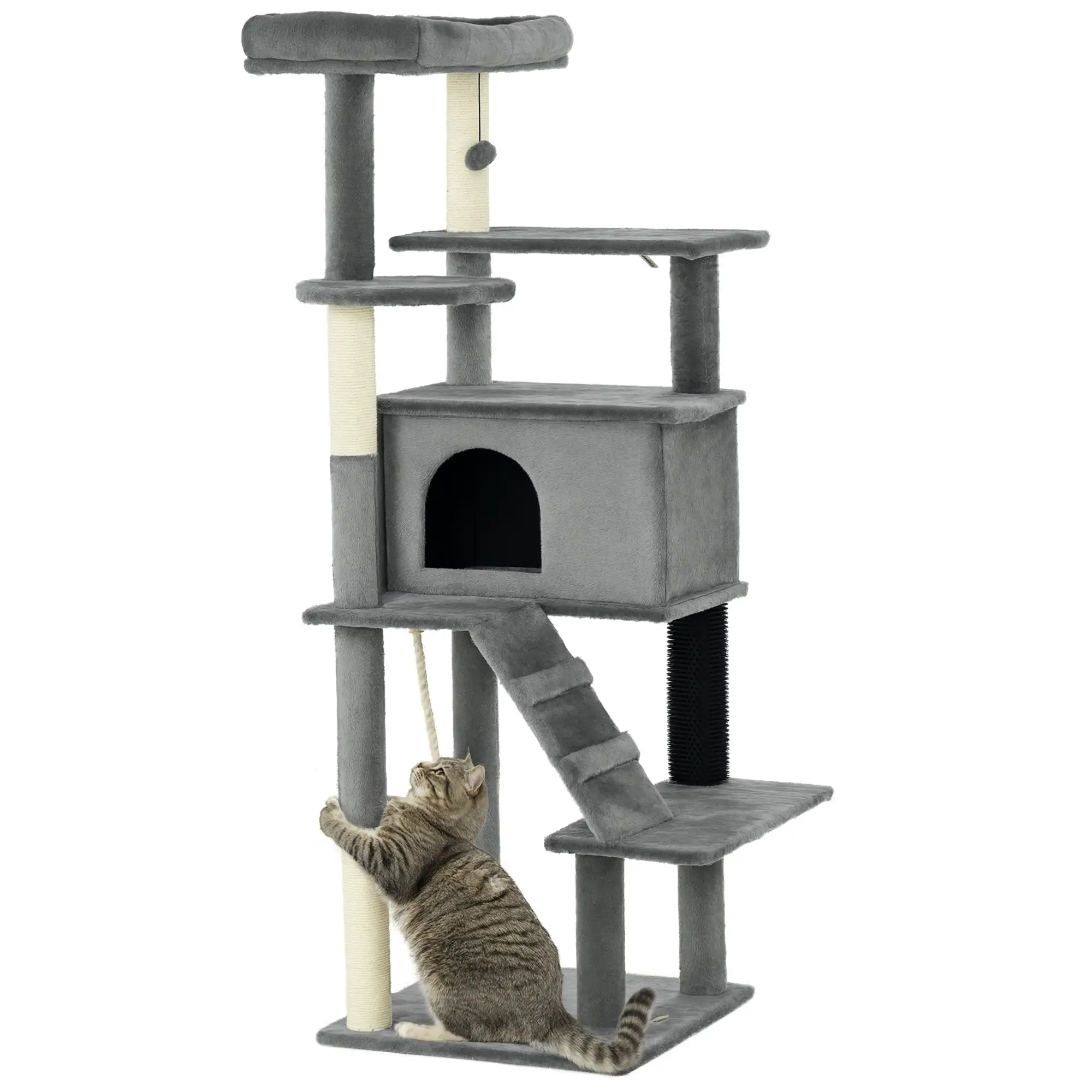 58" Tall Cat Tree for Large Cats, Scratching Posts, Bed, House, Toys, Grey - Image 11
