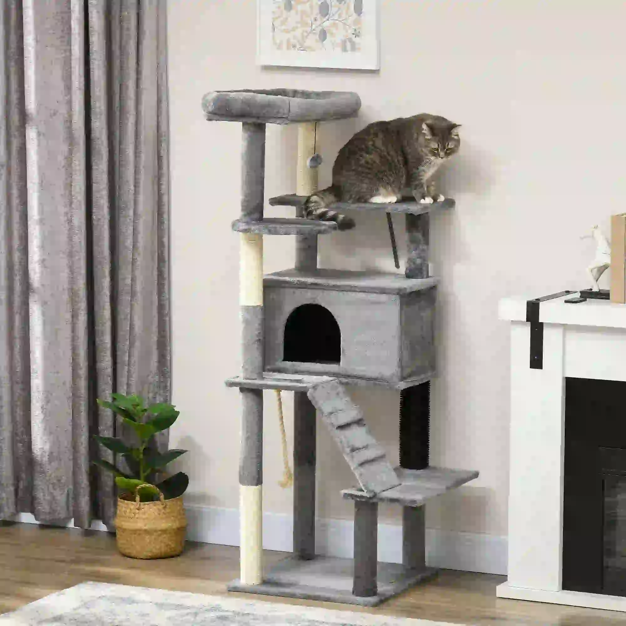 58" Tall Cat Tree for Large Cats, Scratching Posts, Bed, House, Toys, Grey - Image 2
