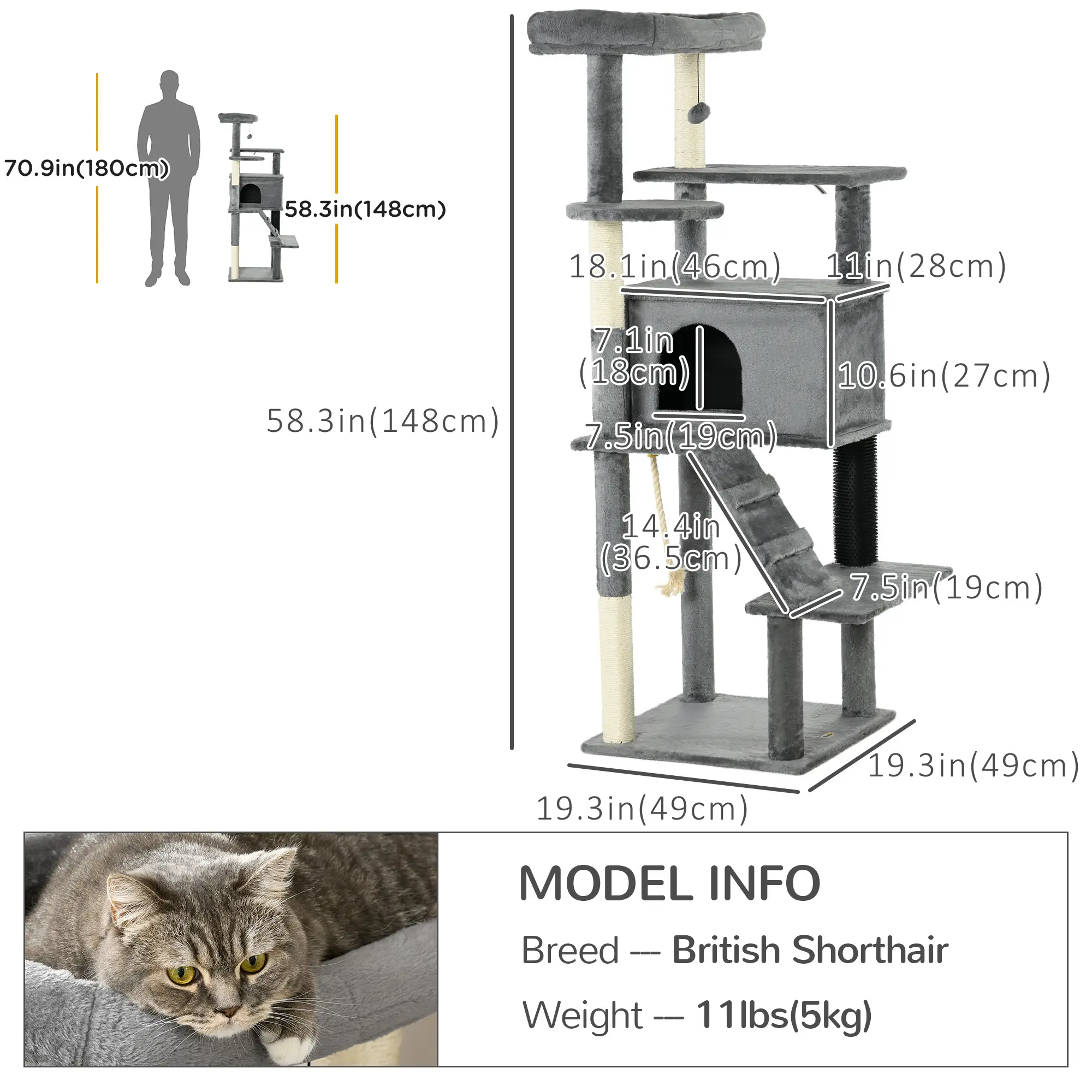 58" Tall Cat Tree for Large Cats, Scratching Posts, Bed, House, Toys, Grey - Image 3