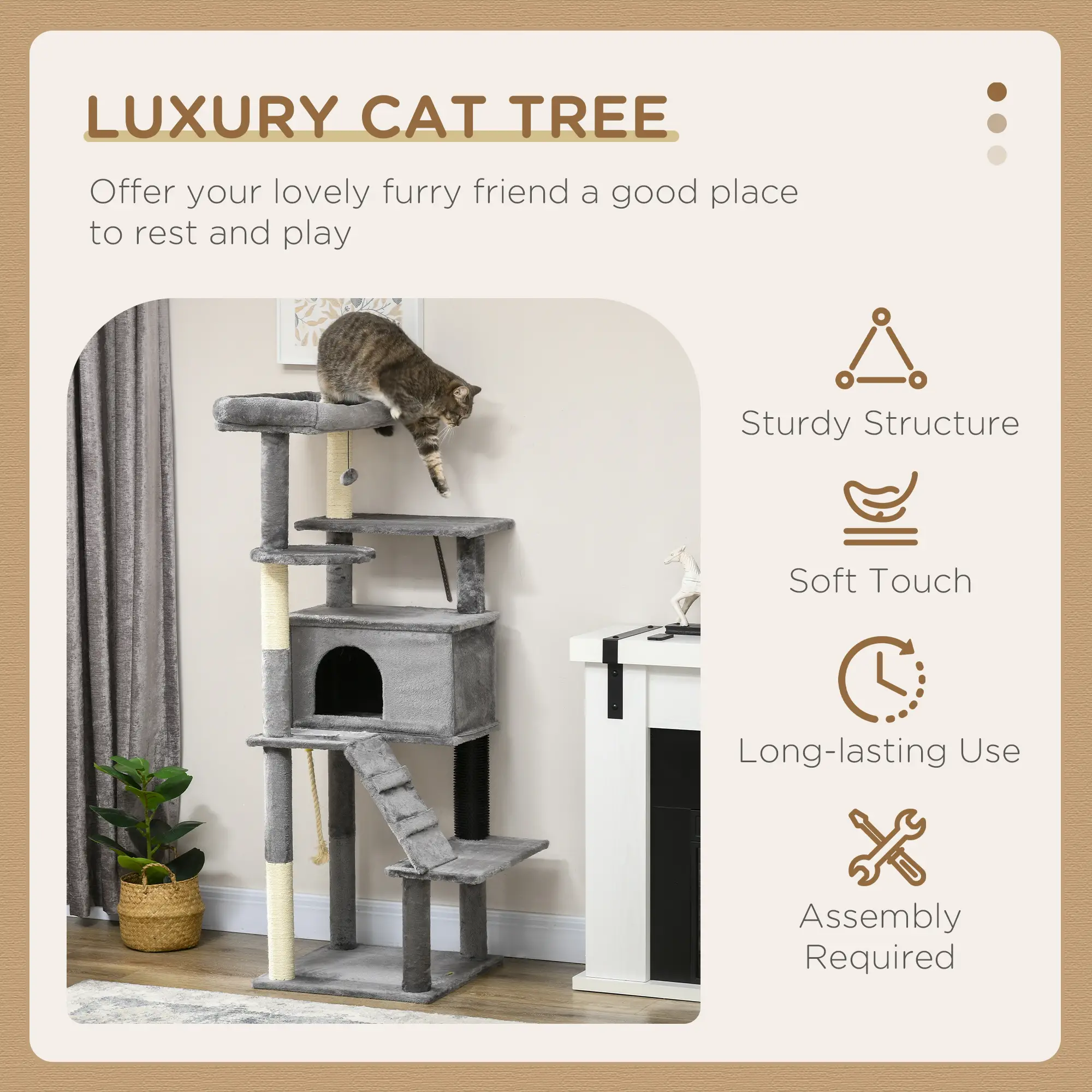 58" Tall Cat Tree for Large Cats, Scratching Posts, Bed, House, Toys, Grey - Image 4