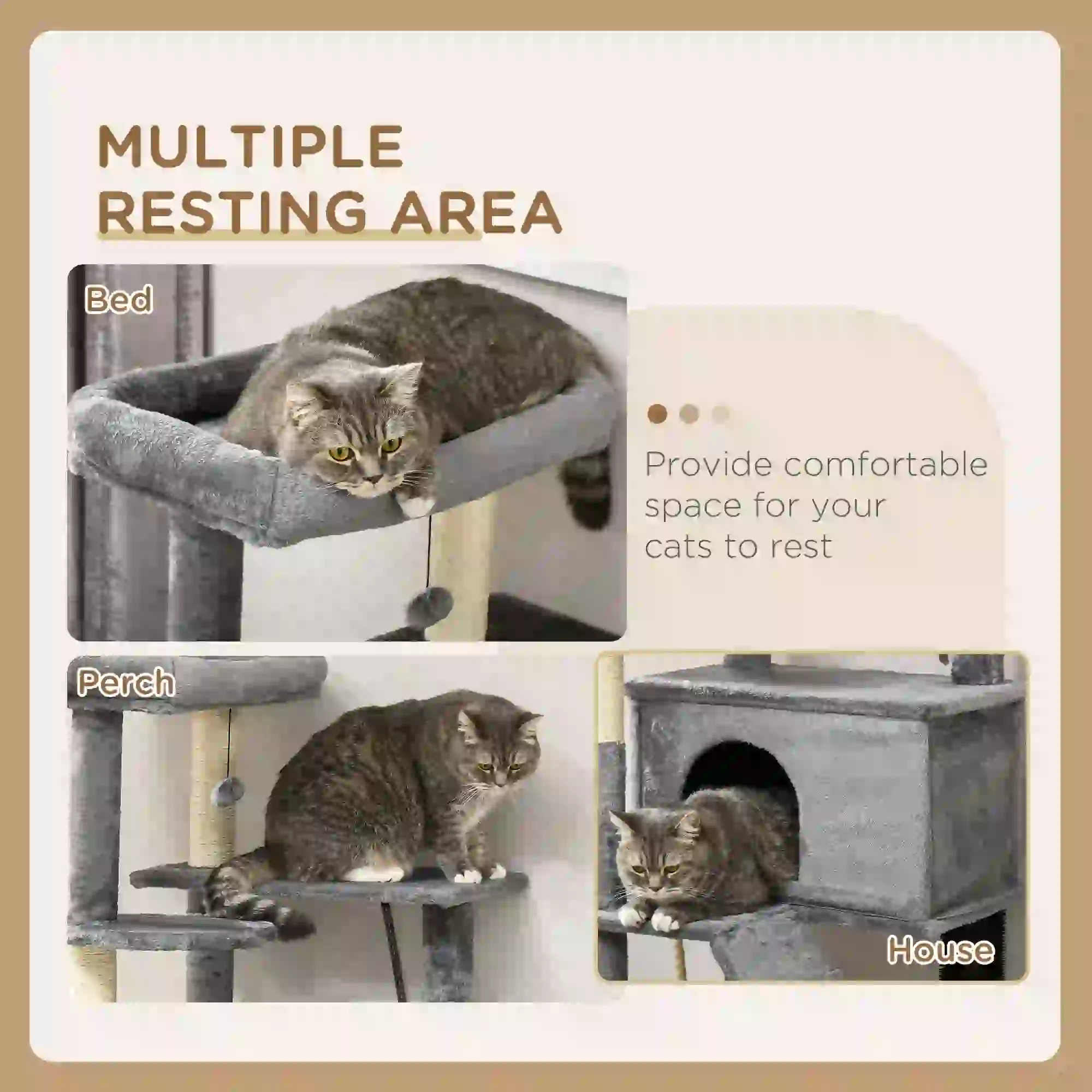 58" Tall Cat Tree for Large Cats, Scratching Posts, Bed, House, Toys, Grey - Image 5