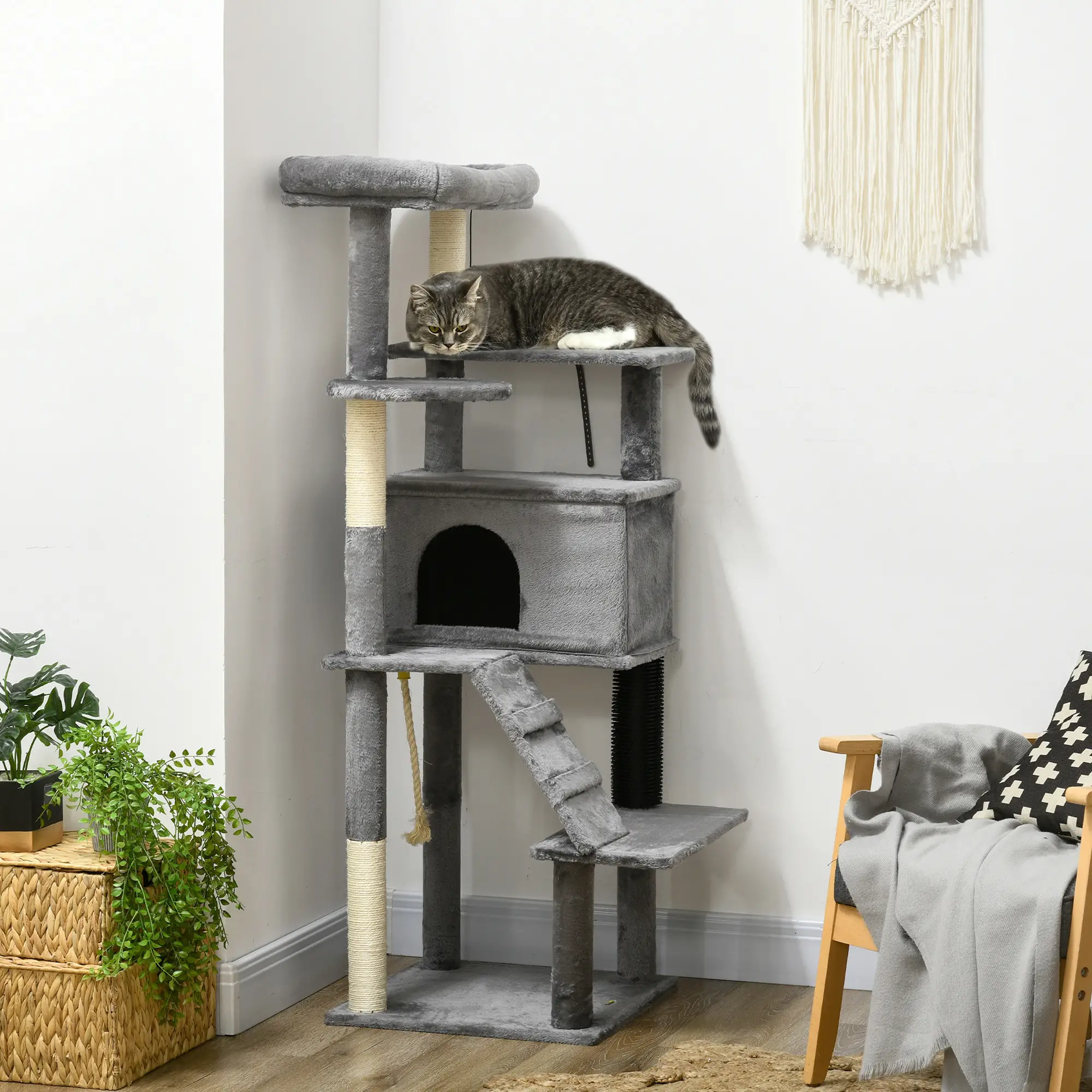 58" Tall Cat Tree for Large Cats, Scratching Posts, Bed, House, Toys, Grey - Image 8