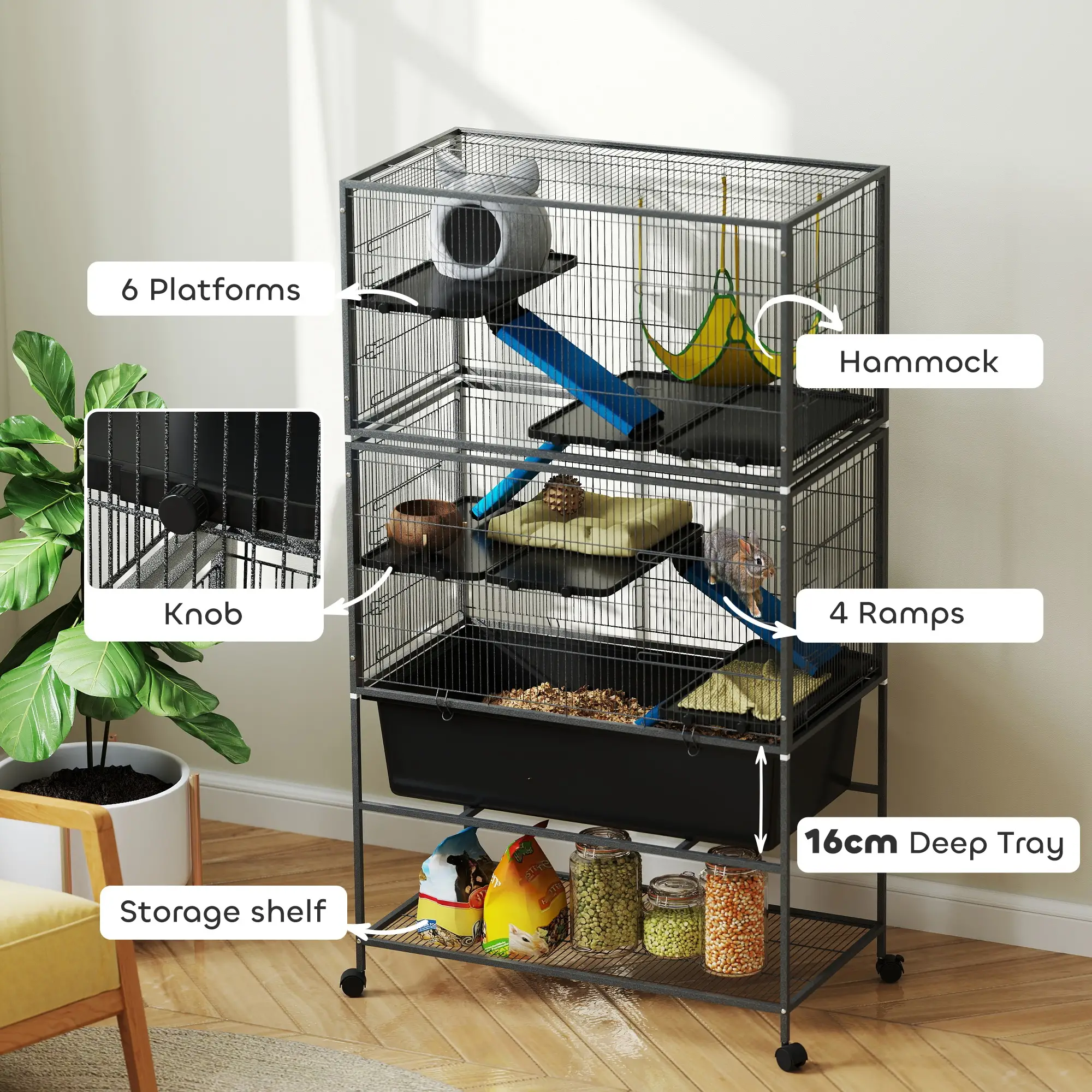 59 Inch 5 Level Small Animal Cage, Rolling Ferret Cage, Dark Grey - Image 5
