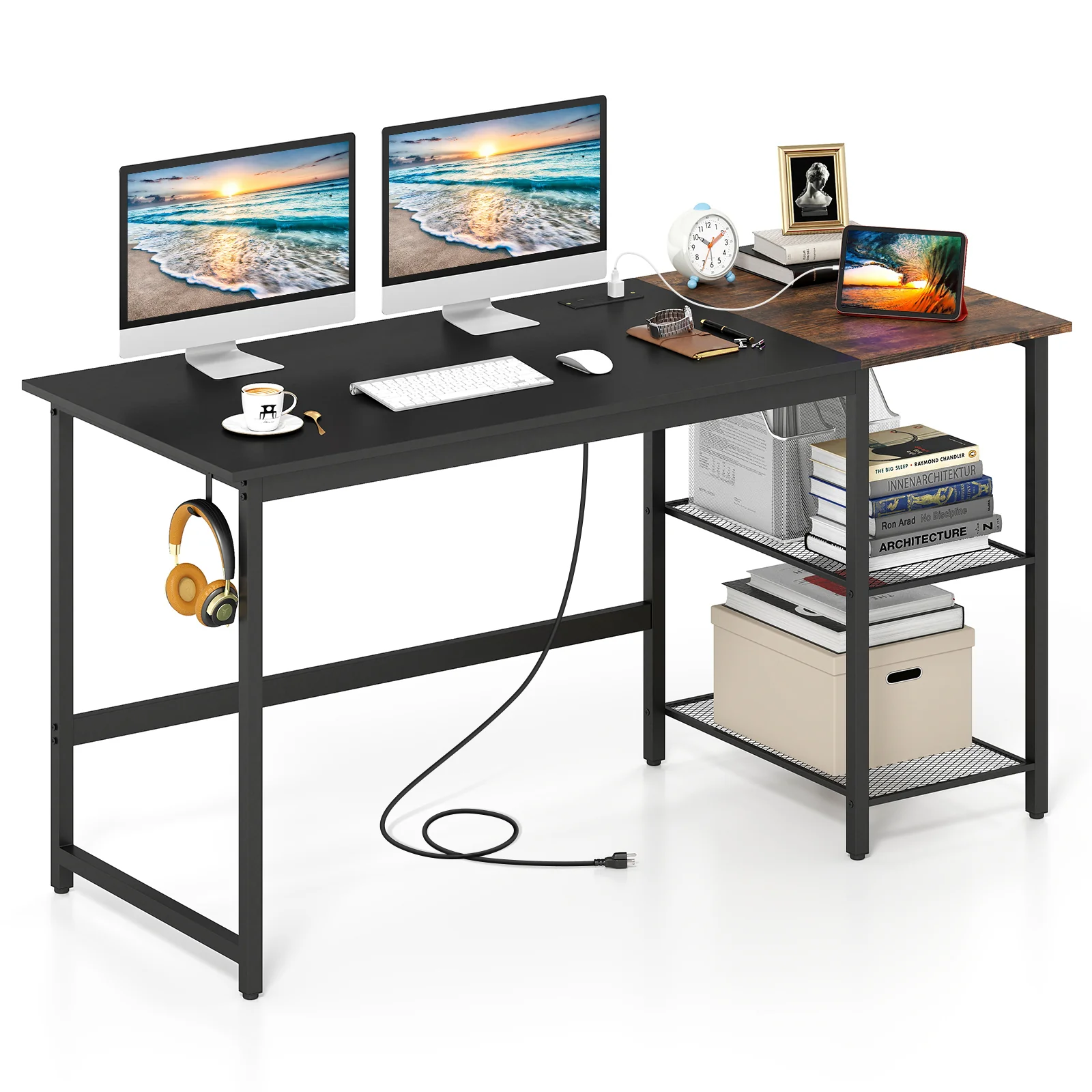 59 Inch Computer Desk With Removable Storage Shelves, Black - Image 5