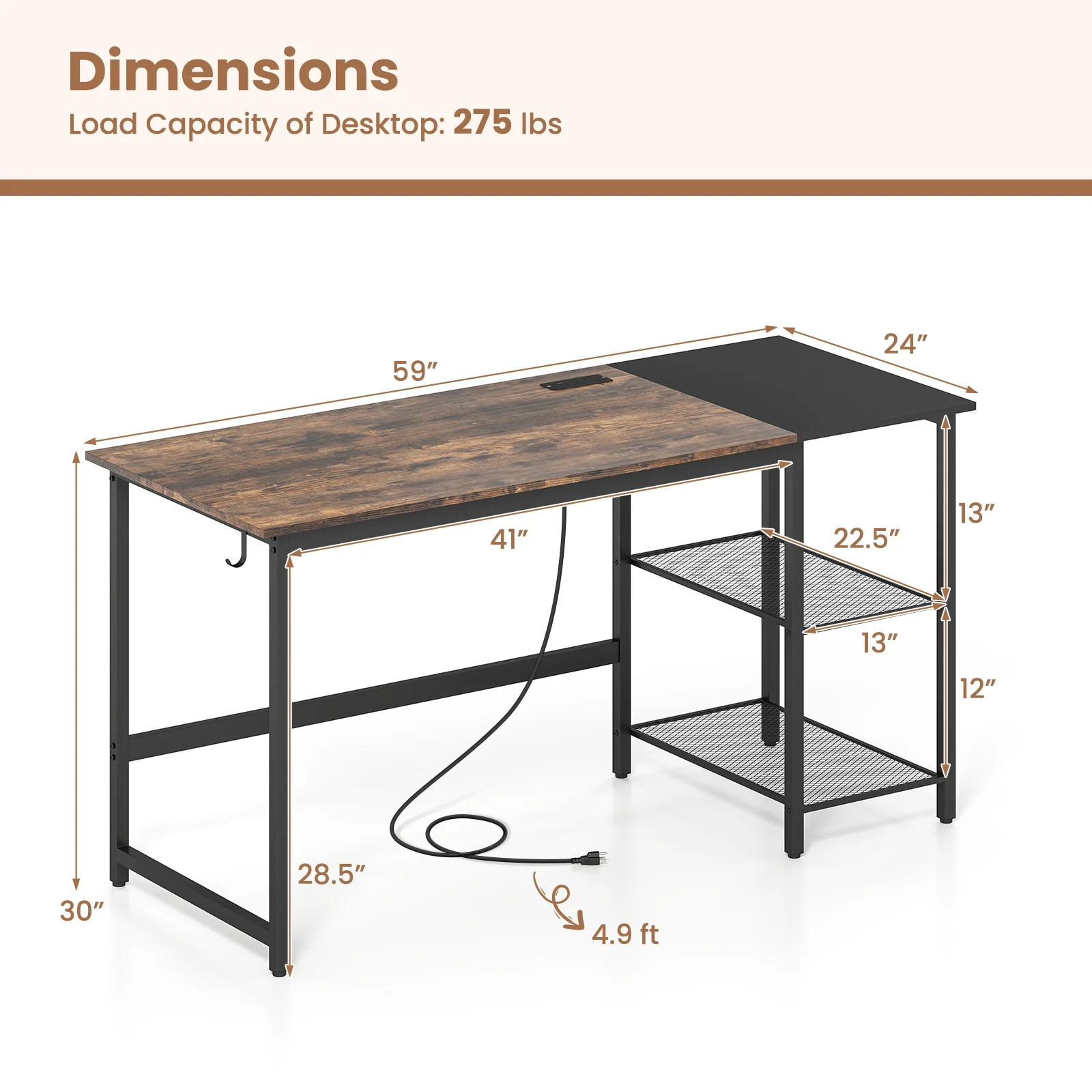 59 Inch Computer Desk With Removable Storage Shelves, Black - Image 6