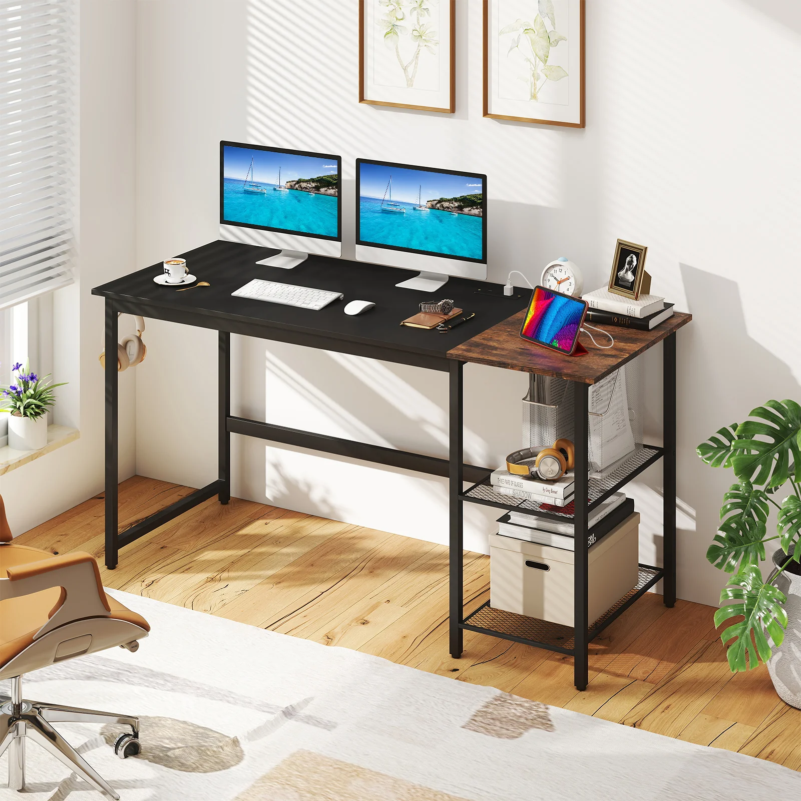 59 Inch Computer Desk With Removable Storage Shelves, Black - Image 7