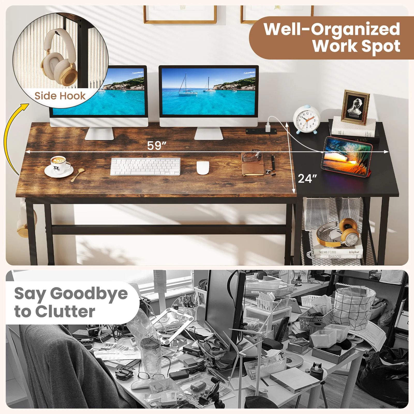 59 Inch Computer Desk With Removable Storage Shelves, Black - Image 9