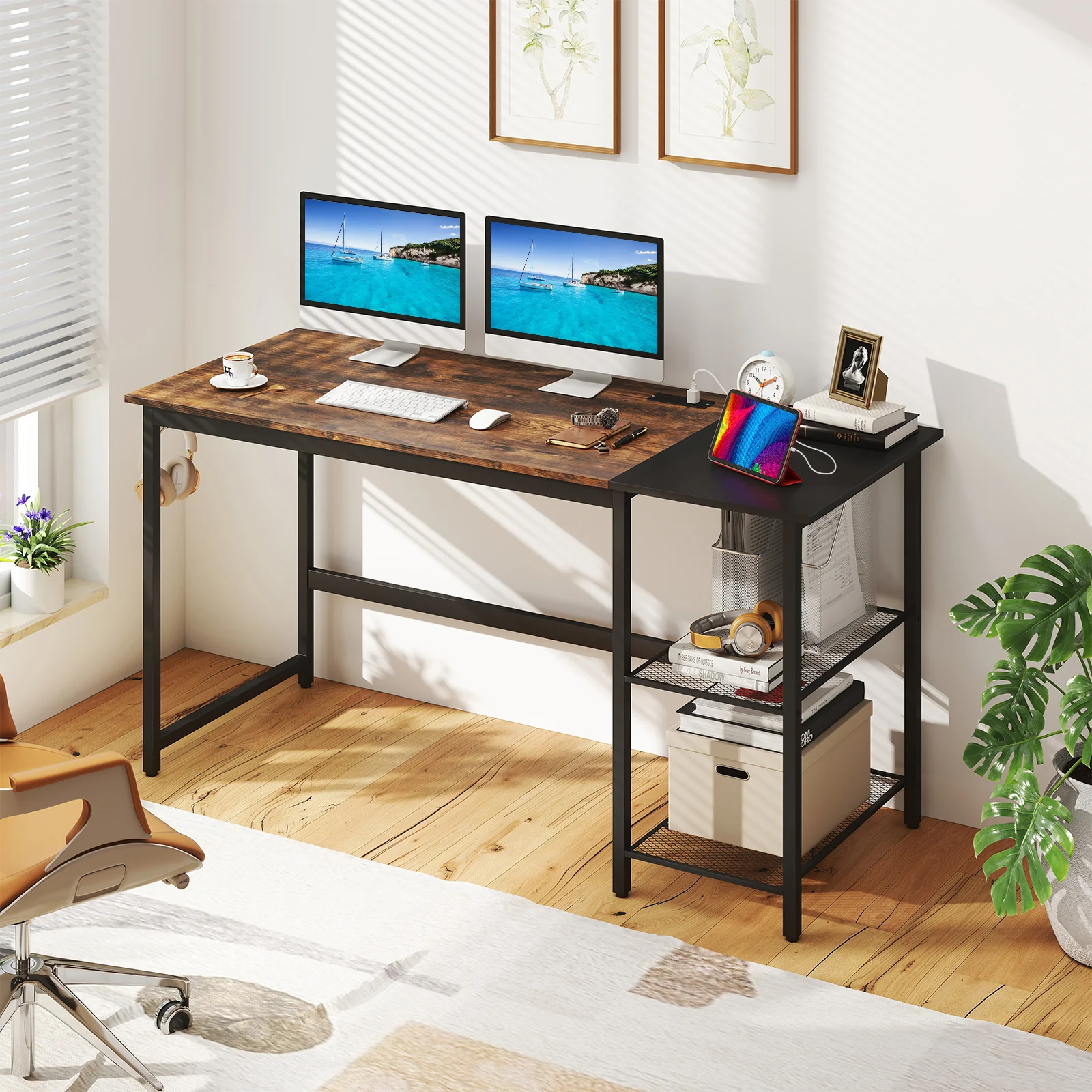 59 Inch Computer Desk With Removable Storage Shelves, Rustic Brown - Image 3