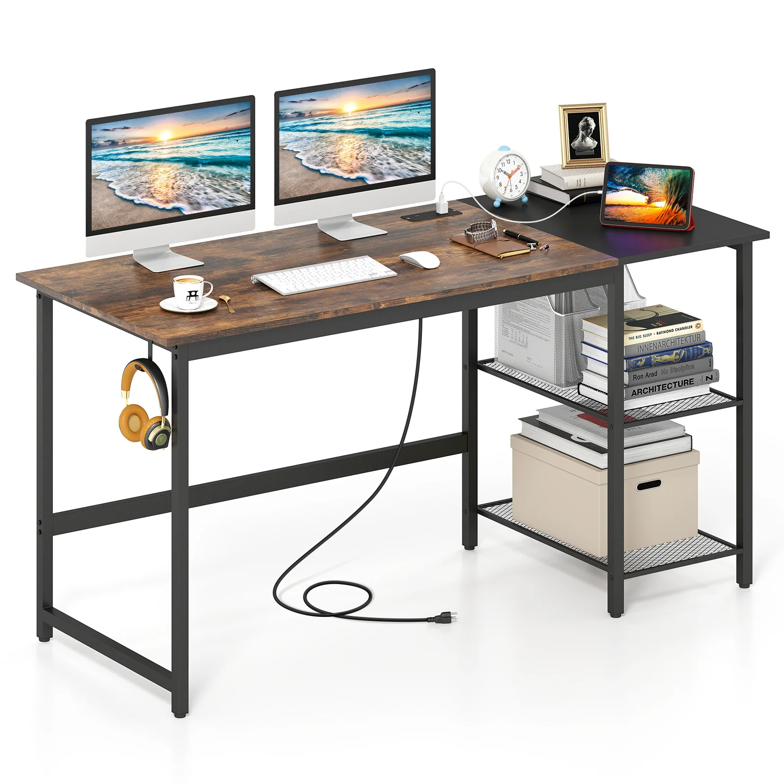 59 Inch Computer Desk With Removable Storage Shelves, Rustic Brown - Image 5