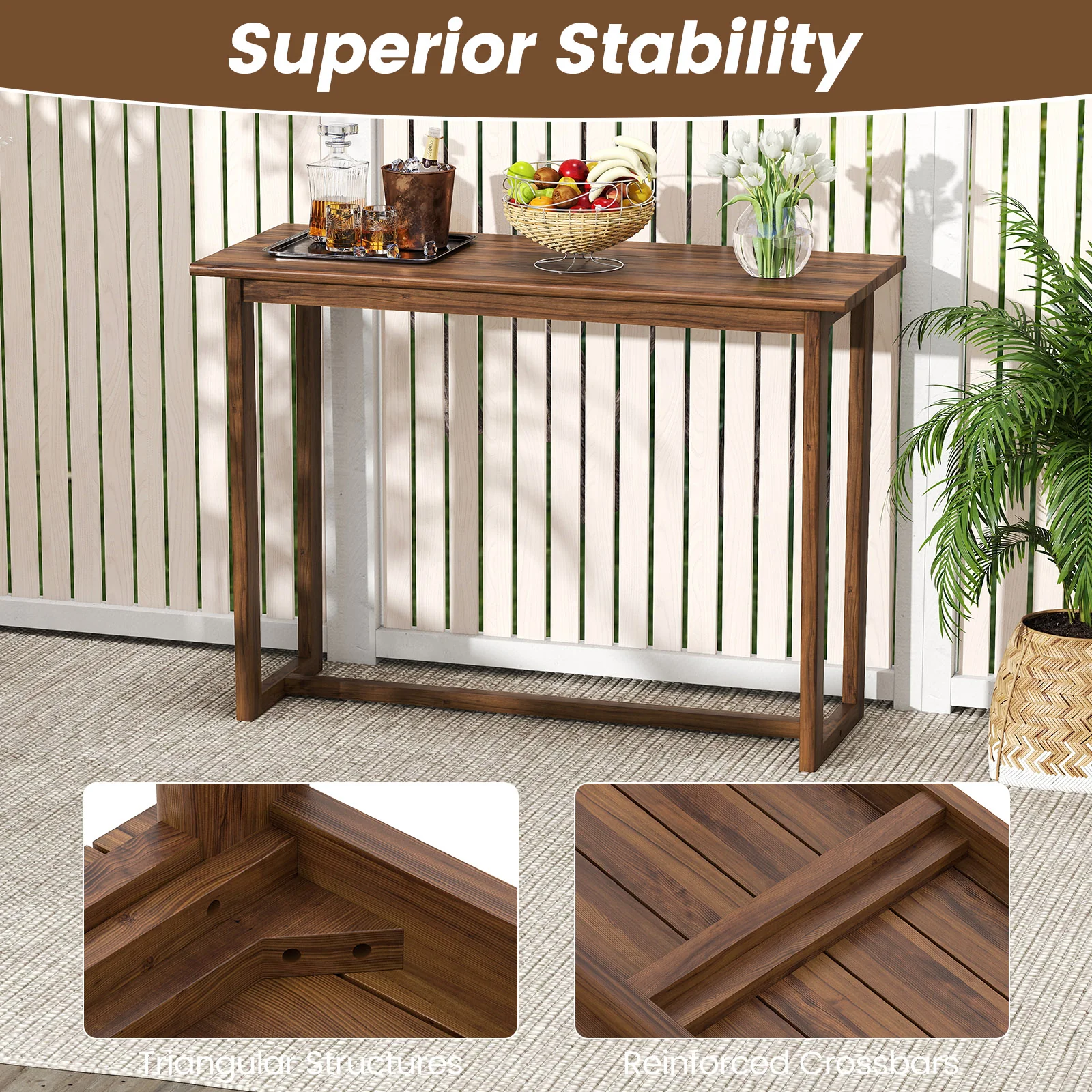 59 Inch Outdoor Bar Table, Slatted Top, Natural - Image 10