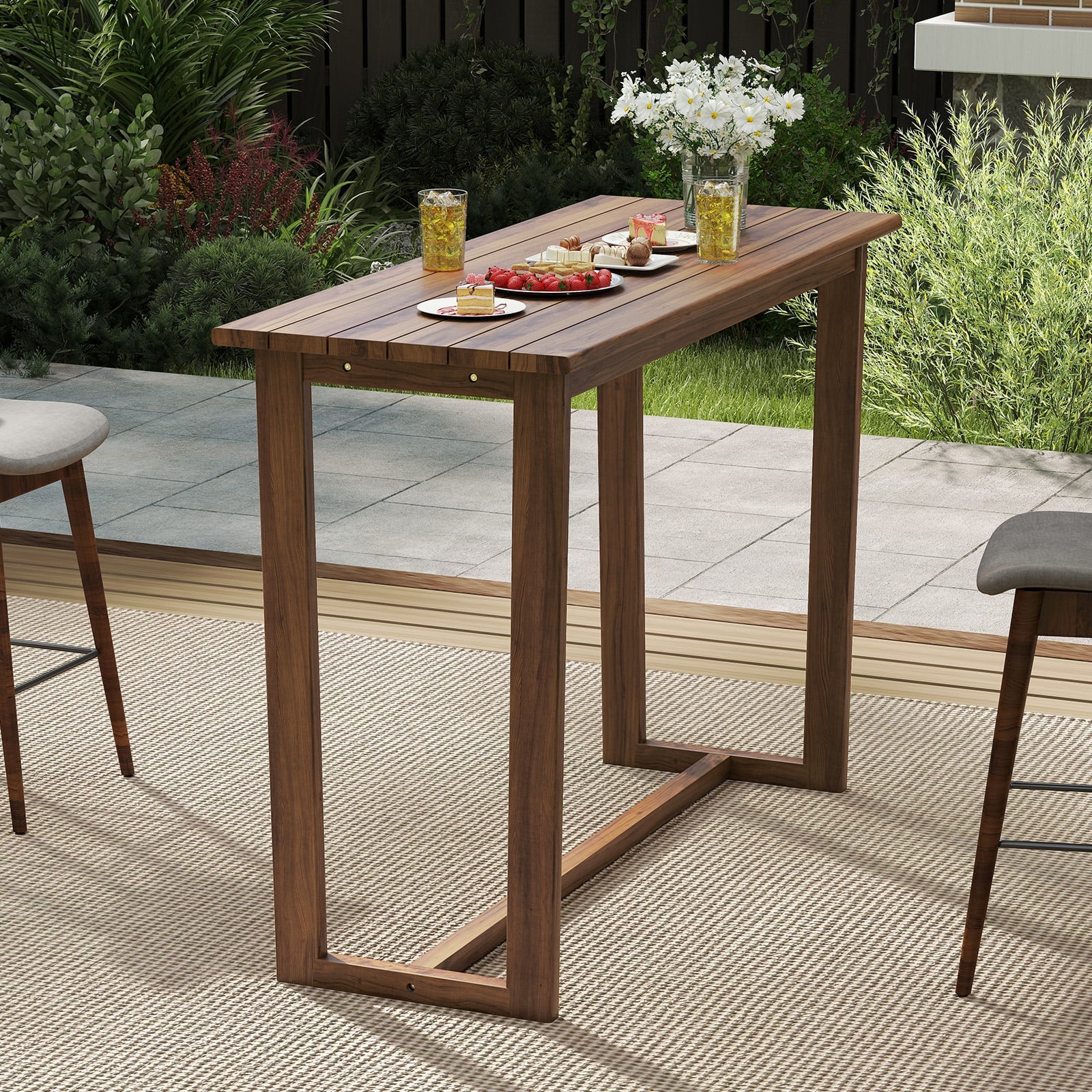 59 Inch Outdoor Bar Table, Slatted Top, Natural - Image 6
