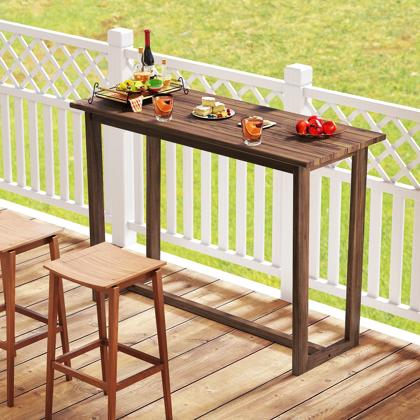59 Inch Outdoor Bar Table, Slatted Top, Natural - Image 7