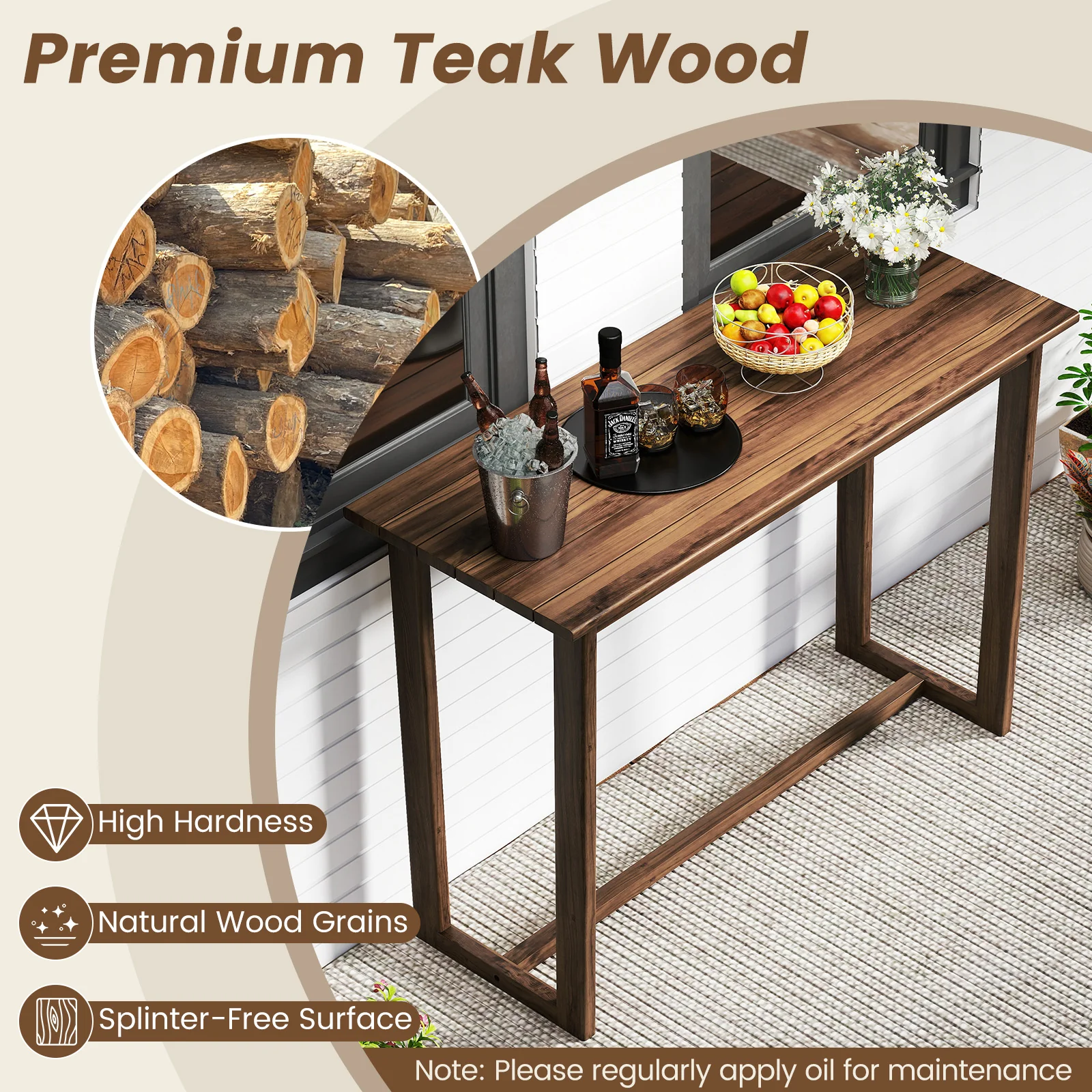 59 Inch Outdoor Bar Table, Slatted Top, Natural - Image 8
