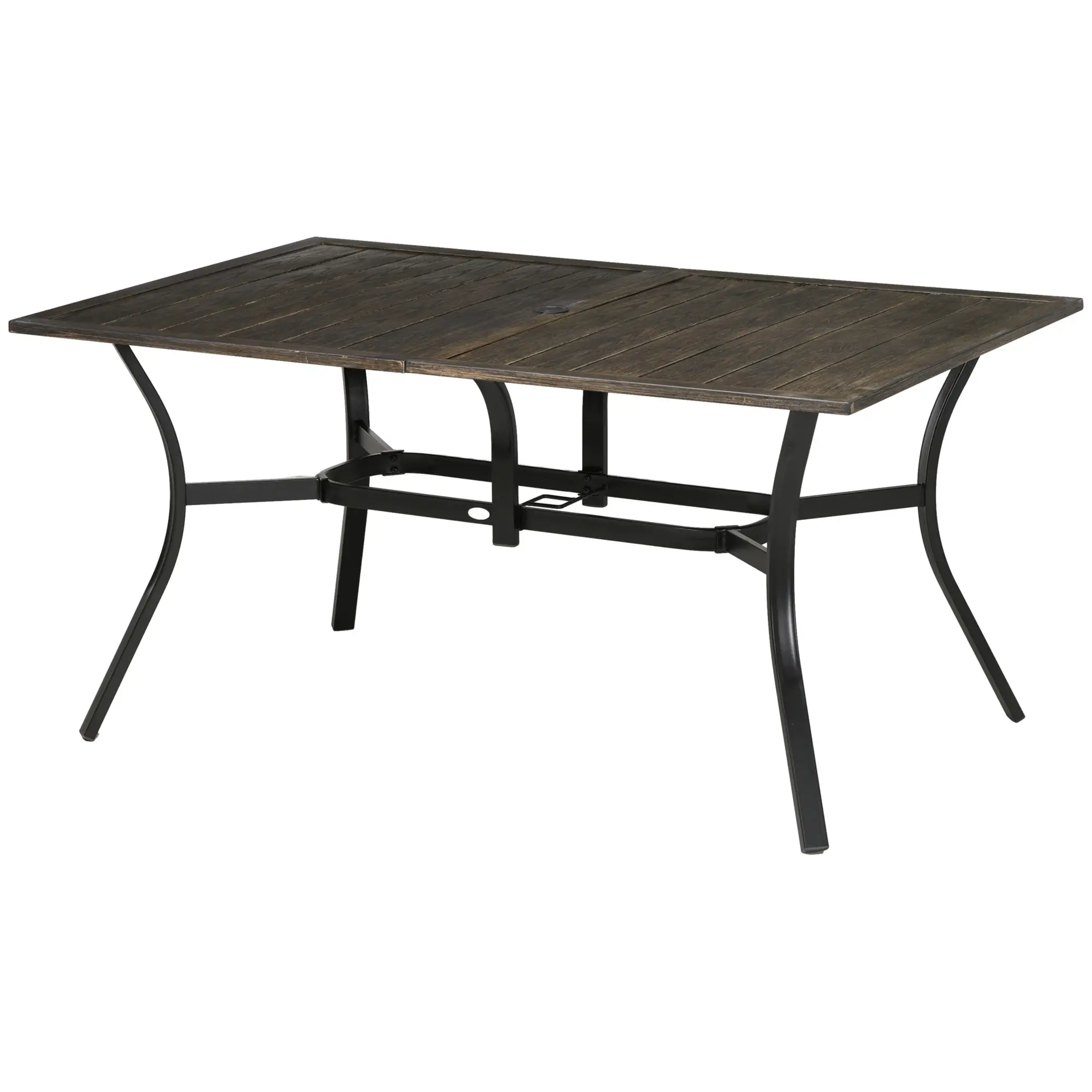 59 Inch Outdoor Dining Table, Steel Frame, Wood Grain, Brown