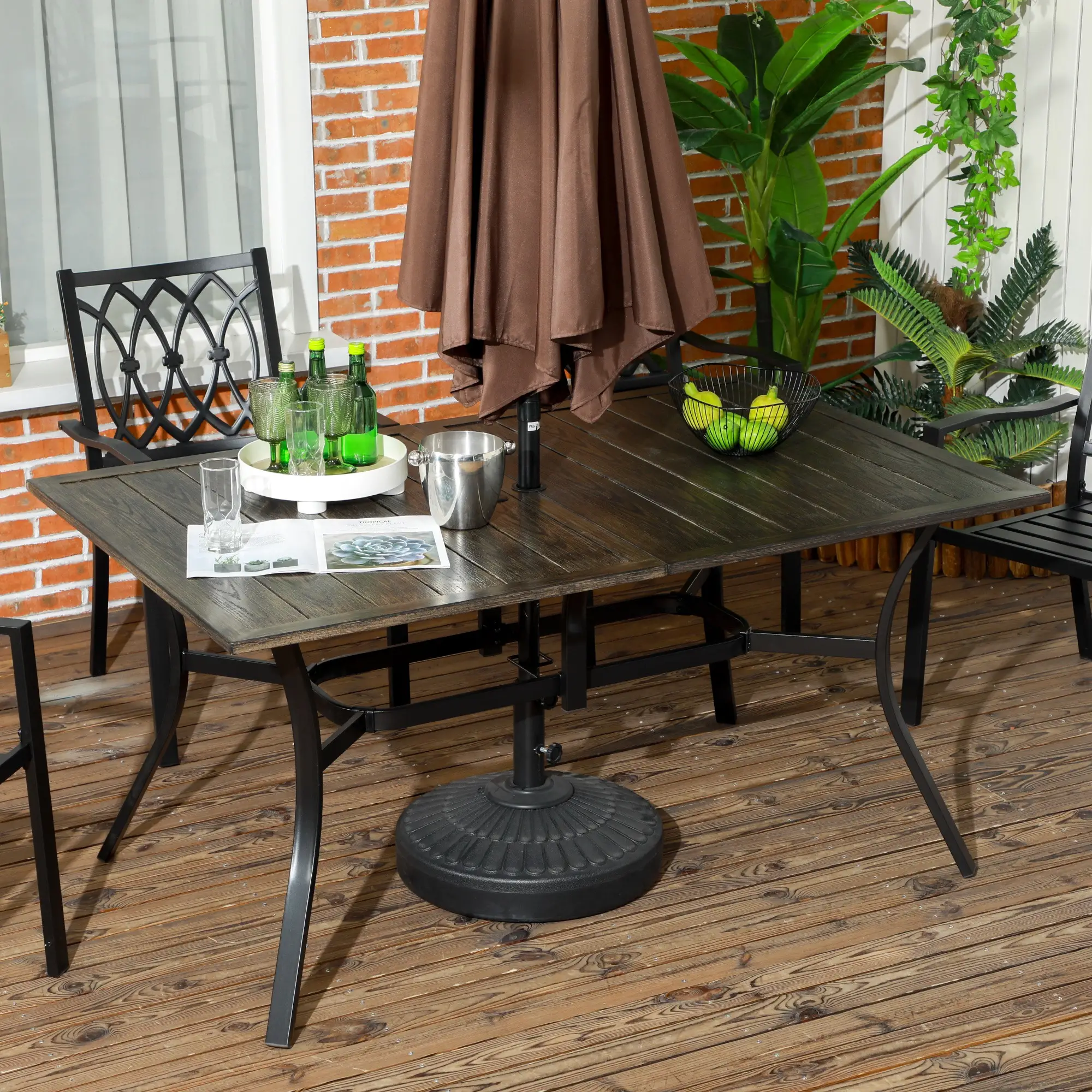59 Inch Outdoor Dining Table, Steel Frame, Wood Grain, Brown - Image 2