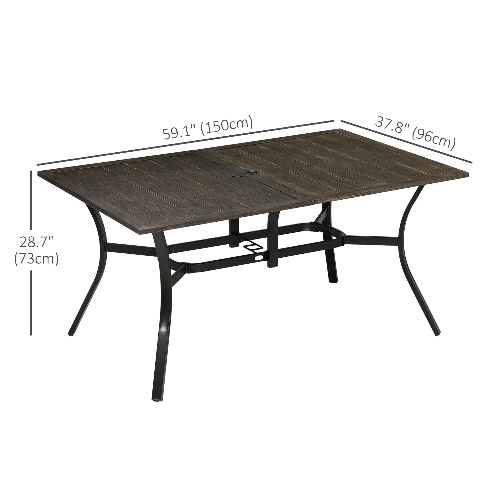 59 Inch Outdoor Dining Table, Steel Frame, Wood Grain, Brown - Image 3