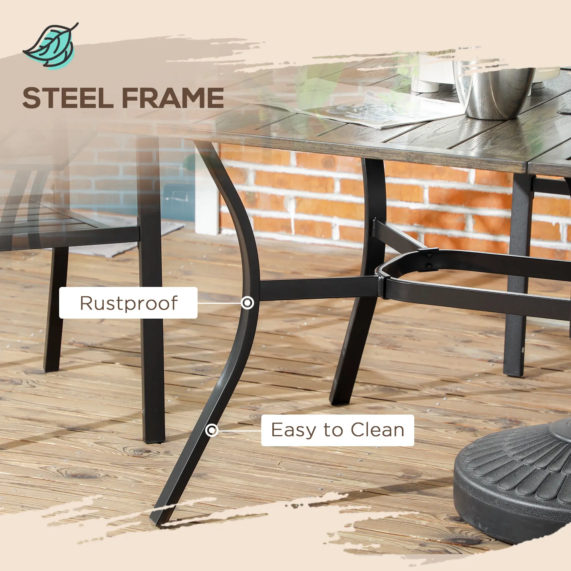 59 Inch Outdoor Dining Table, Steel Frame, Wood Grain, Brown - Image 5
