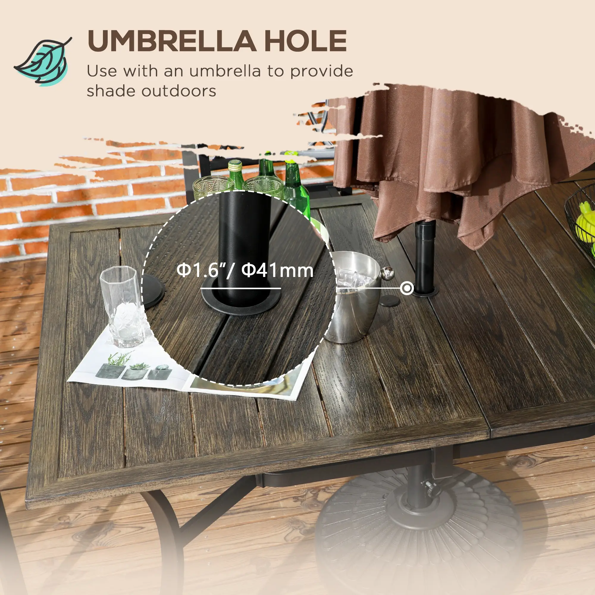 59 Inch Outdoor Dining Table, Steel Frame, Wood Grain, Brown - Image 7