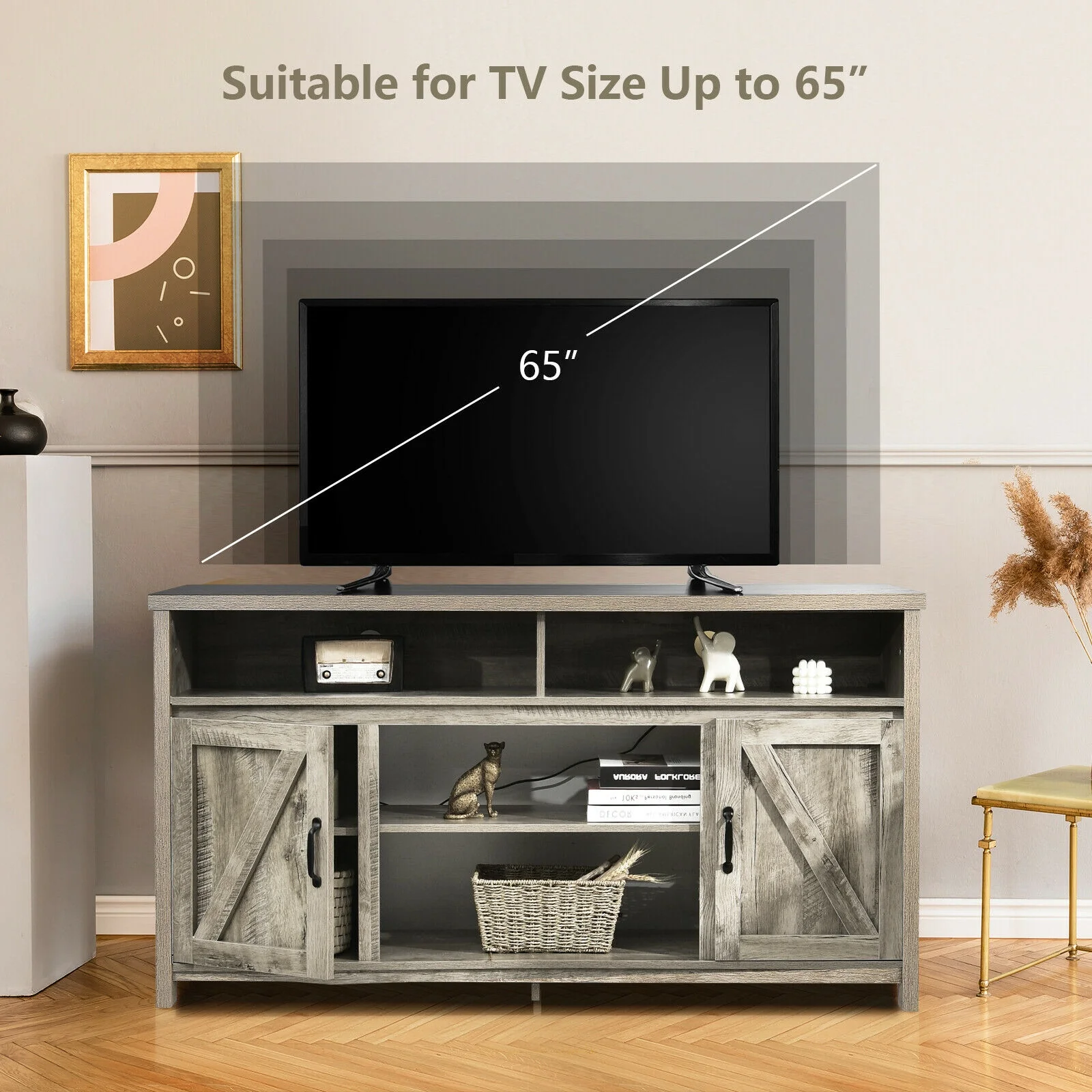 59 Inch TV Stand, Barn Door Cabinet, 65 Inch, Natural - Image 10